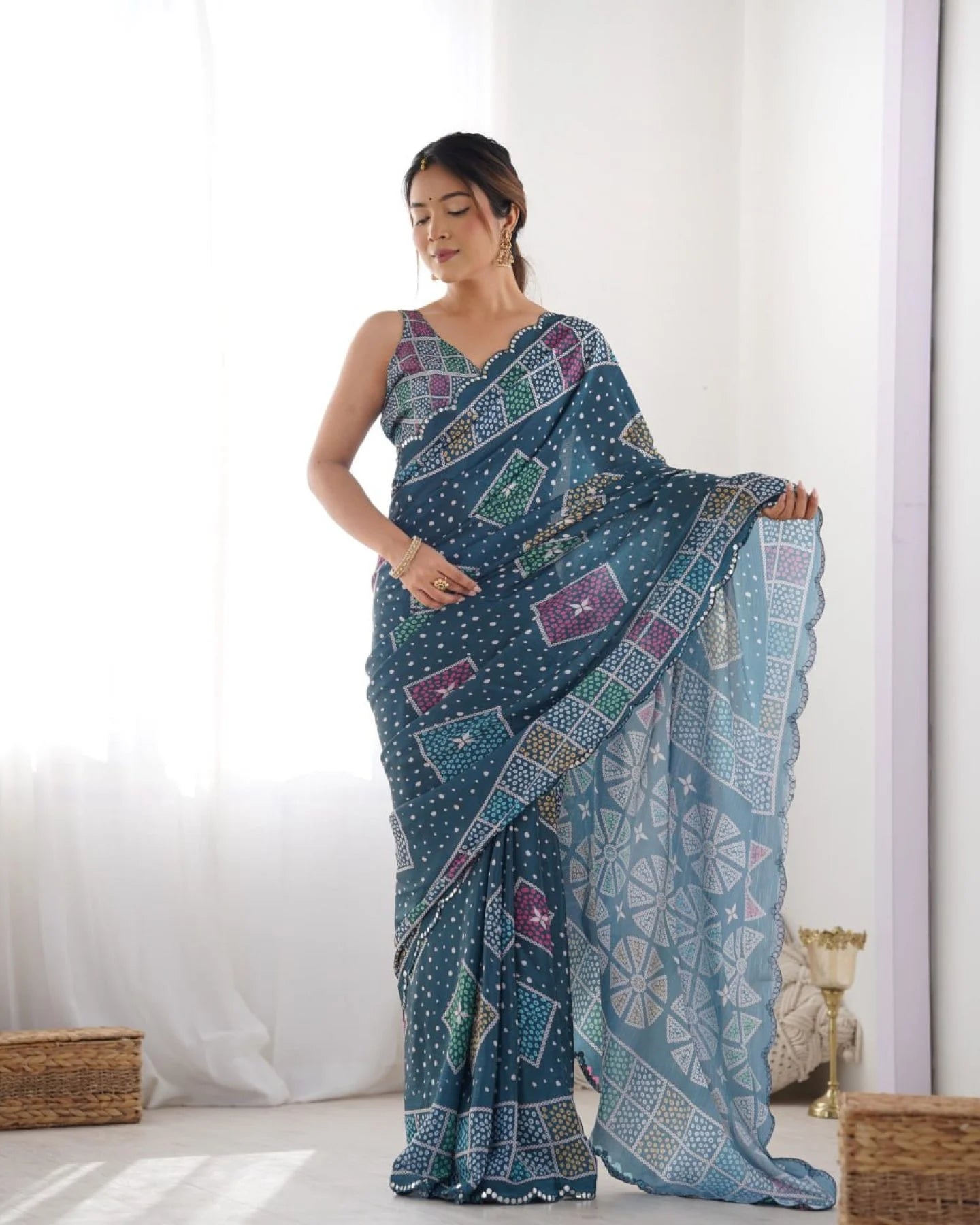 Dark Blue Heavy Chinon Digital Print Saree with Mirror Lace Border Online Exclusive Designer Collection
