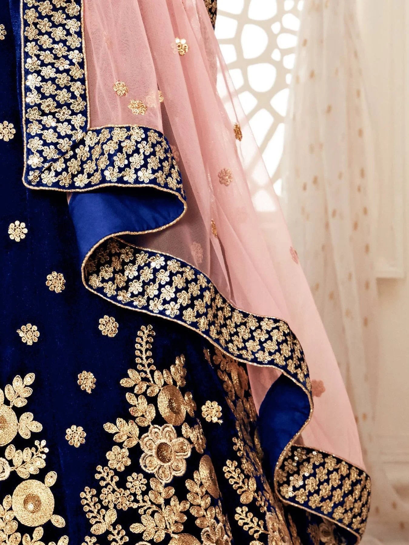 Royal Velvet Wedding Lehenga Choli Navy Blue Velvet with Heavy Floral Zari Sequins Work