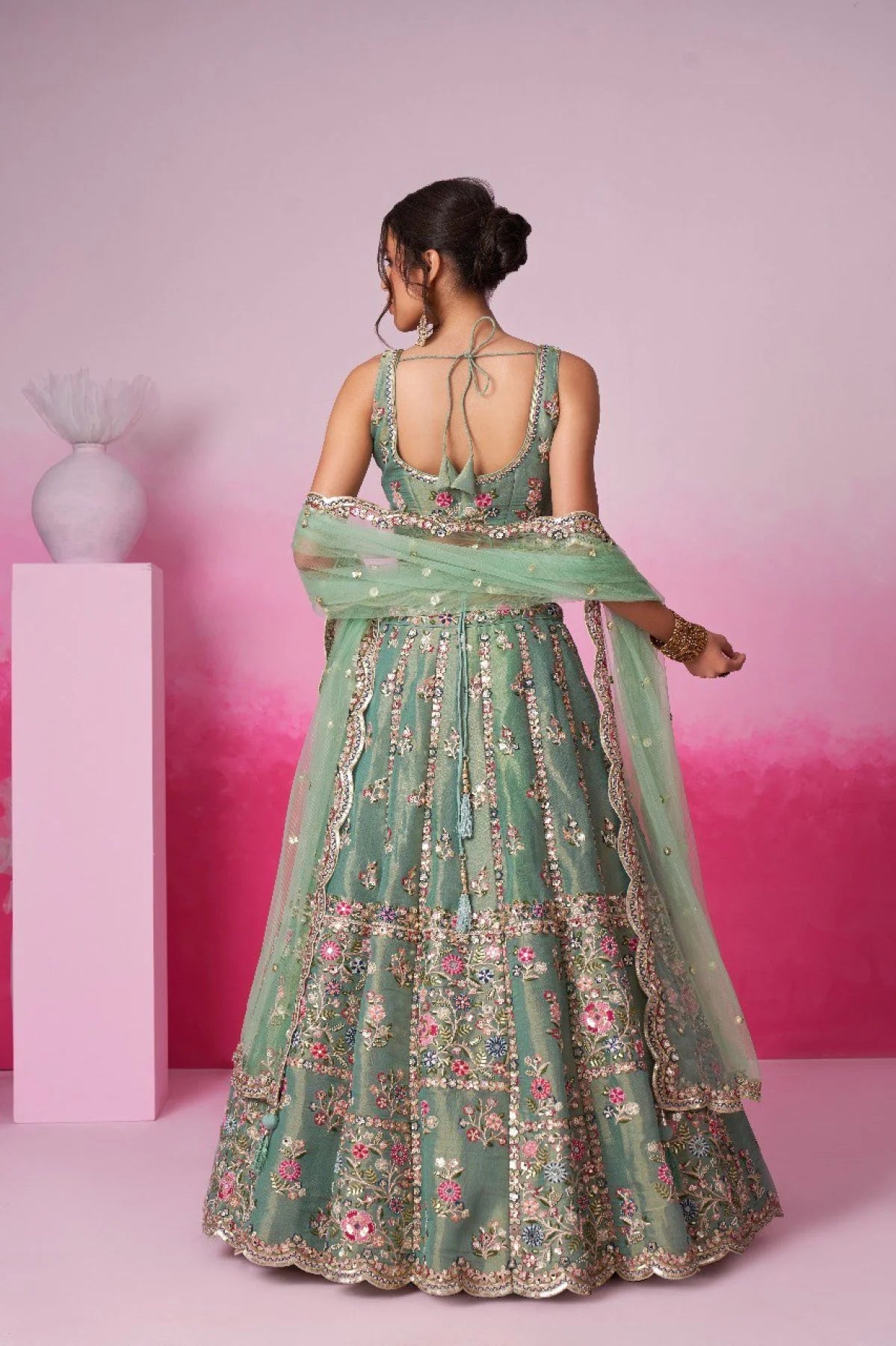 Trendy Pretty Women Bridal Leheng Set Green Color Lehenga With Embroidery Work & Mirror Work