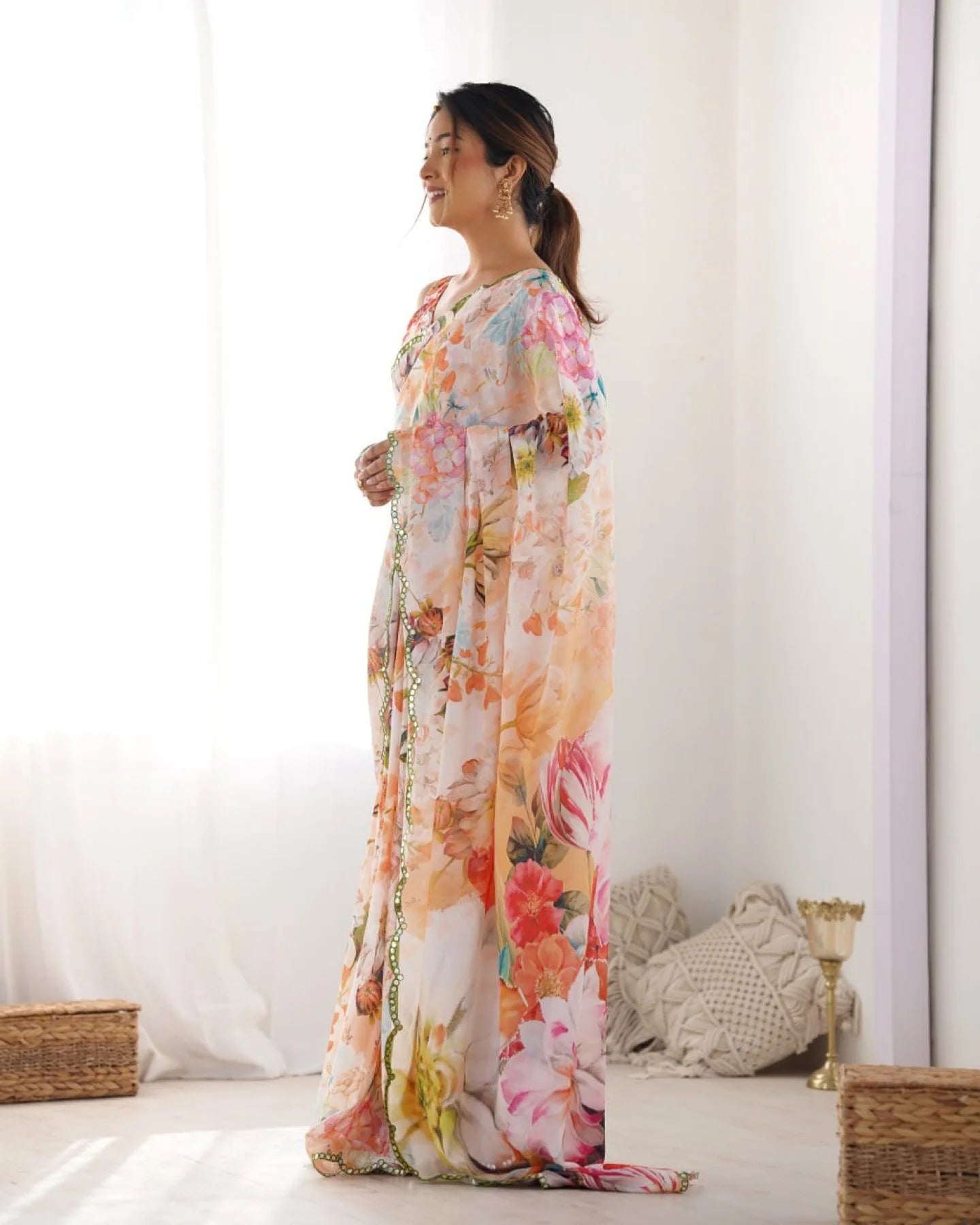 Attractive Floral Chinon Saree with Traditional Kutchi Mirror Lace & Matching Blouse Ethnic Designer Wear from Surat