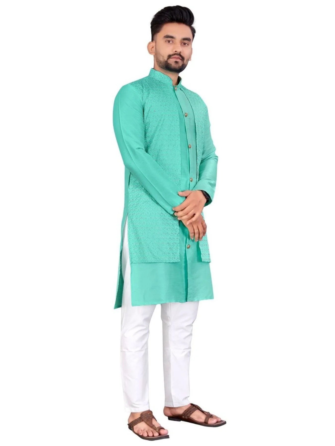 Unmatched Men's Kurta with Attached Koti - Traditional Bangalori Silk with Semi-Cotton Pyjama