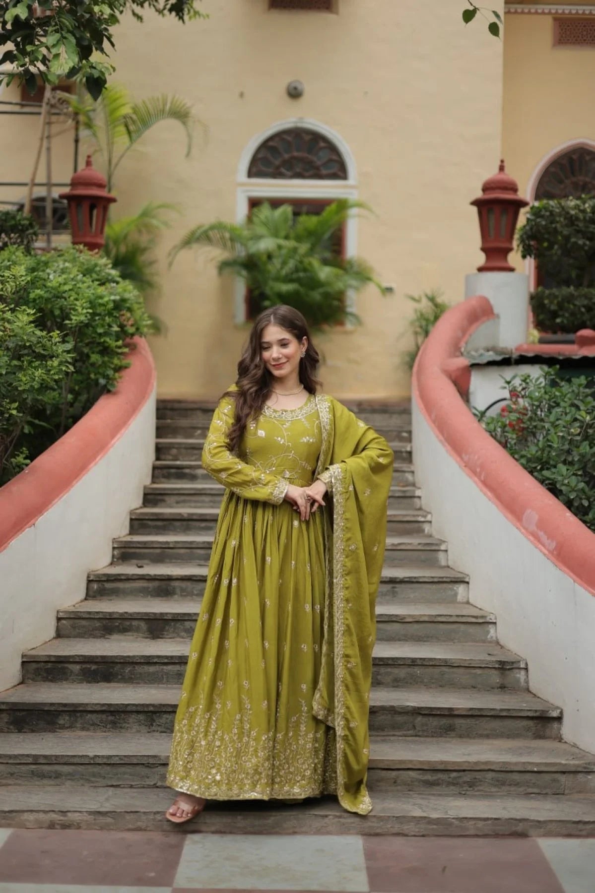 Stunning Parrot Color Chinon Designer Embroidered Salwar Suit