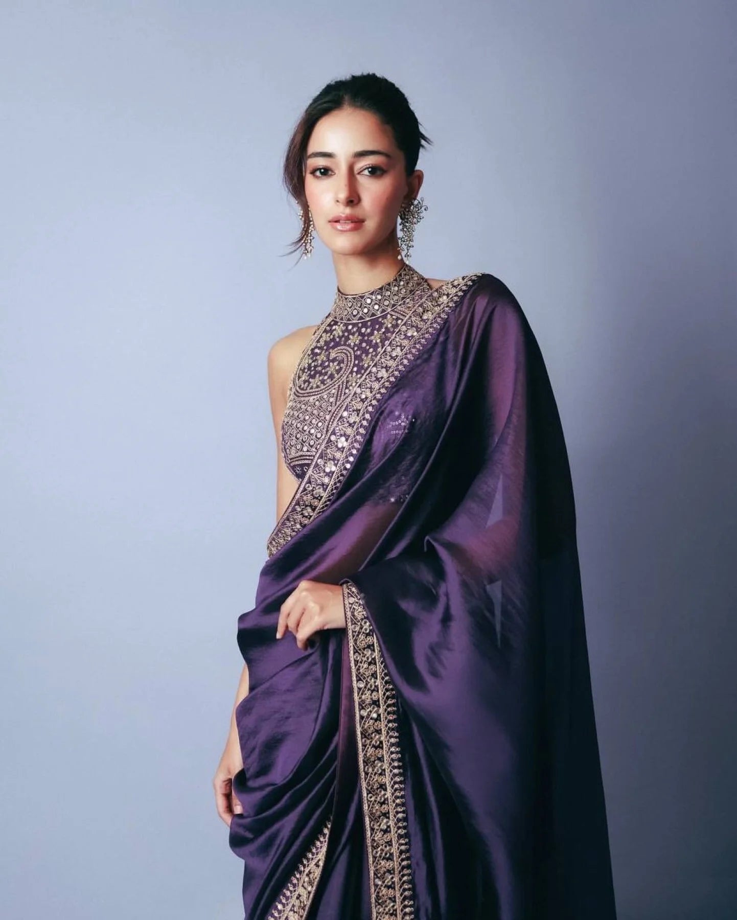 ananya Bollywood Celebrity Purple Saree Partywear in Jimmi Choo Fabric with Starry Sequins Wholesale Price