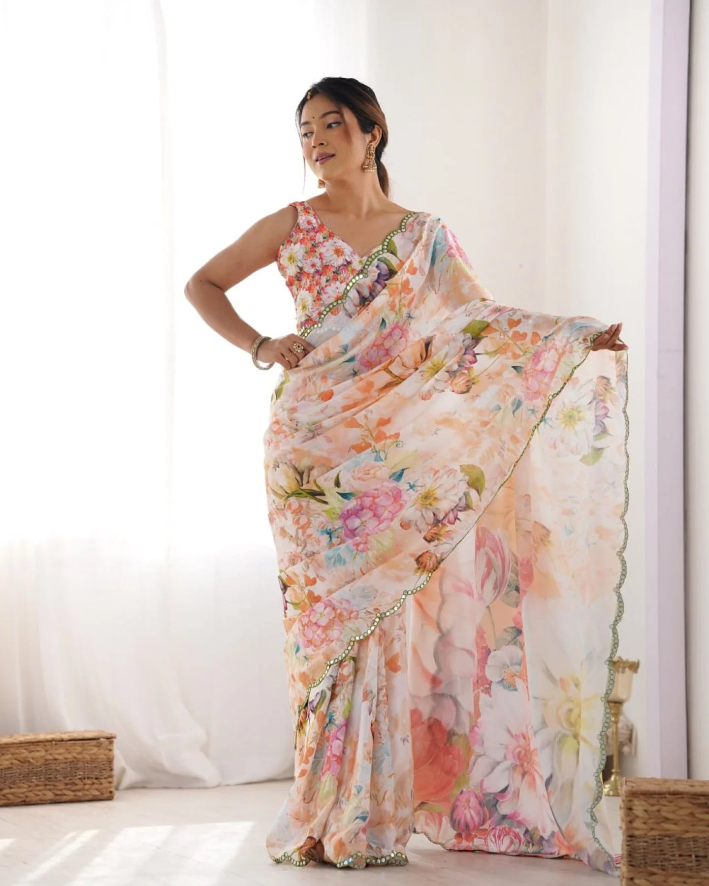 Attractive Floral Chinon Saree with Traditional Kutchi Mirror Lace & Matching Blouse Ethnic Designer Wear from Surat