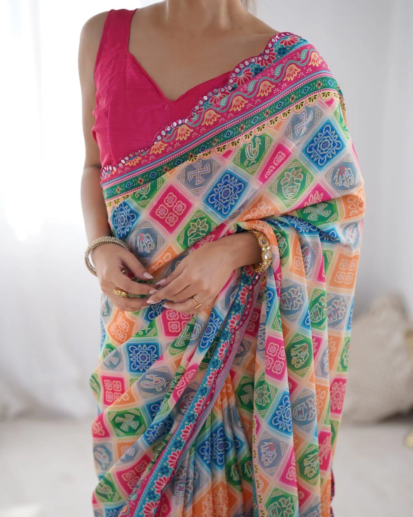 Multi-Color Printed Chinon Saree with Designer Mirror Lace Surat-Based Supplier Buy Now at Best Price