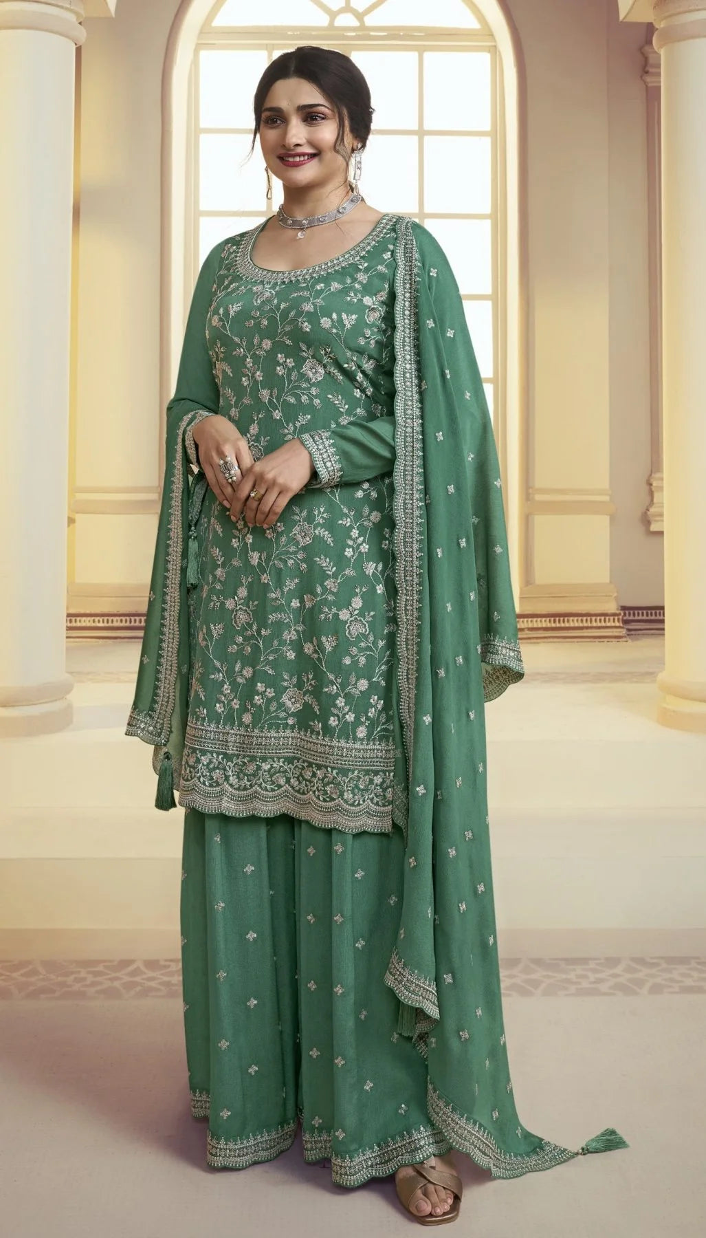 Beautiful Chinon Embroidered Work Sharara Suits Collection