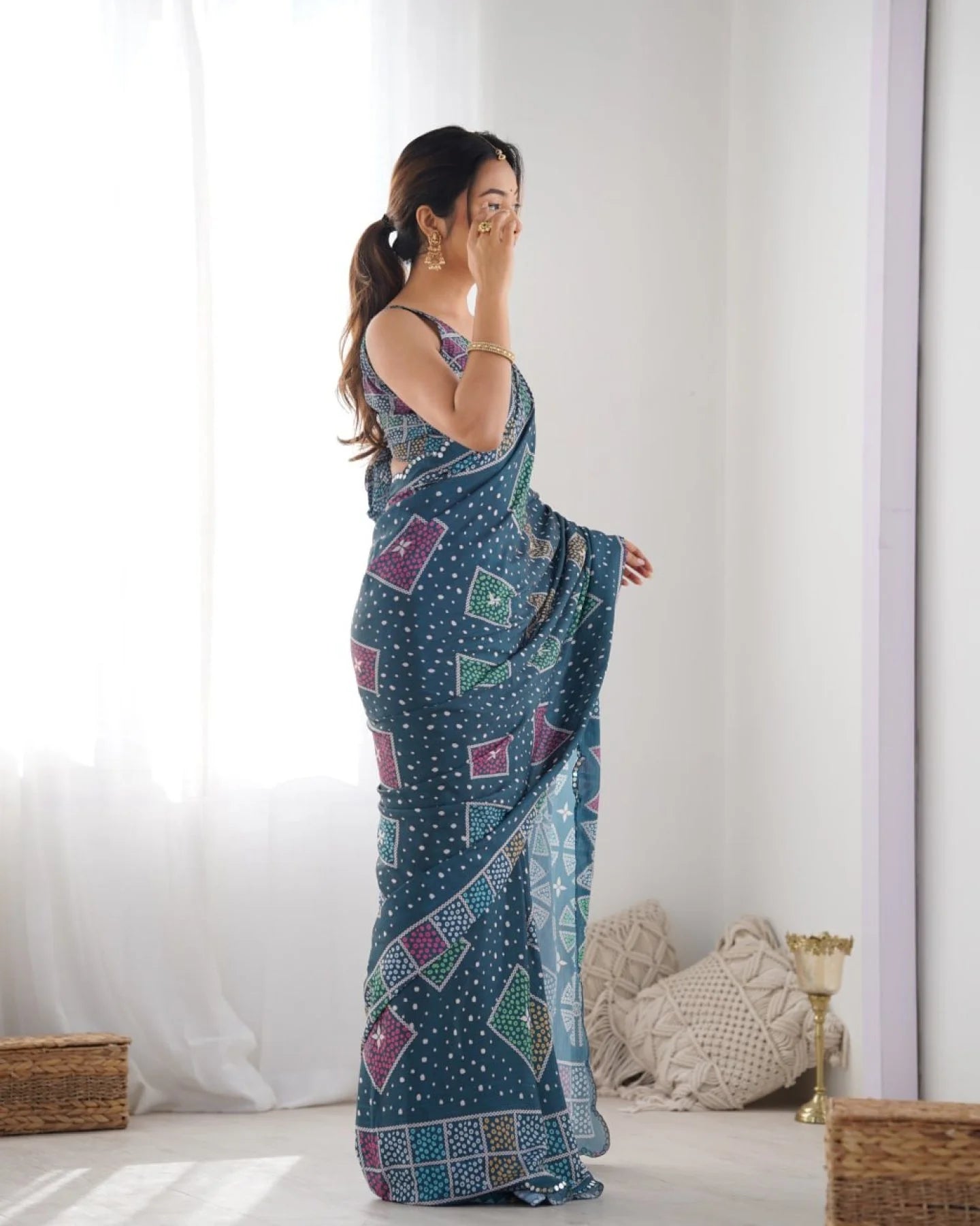 Dark Blue Heavy Chinon Digital Print Saree with Mirror Lace Border Online Exclusive Designer Collection