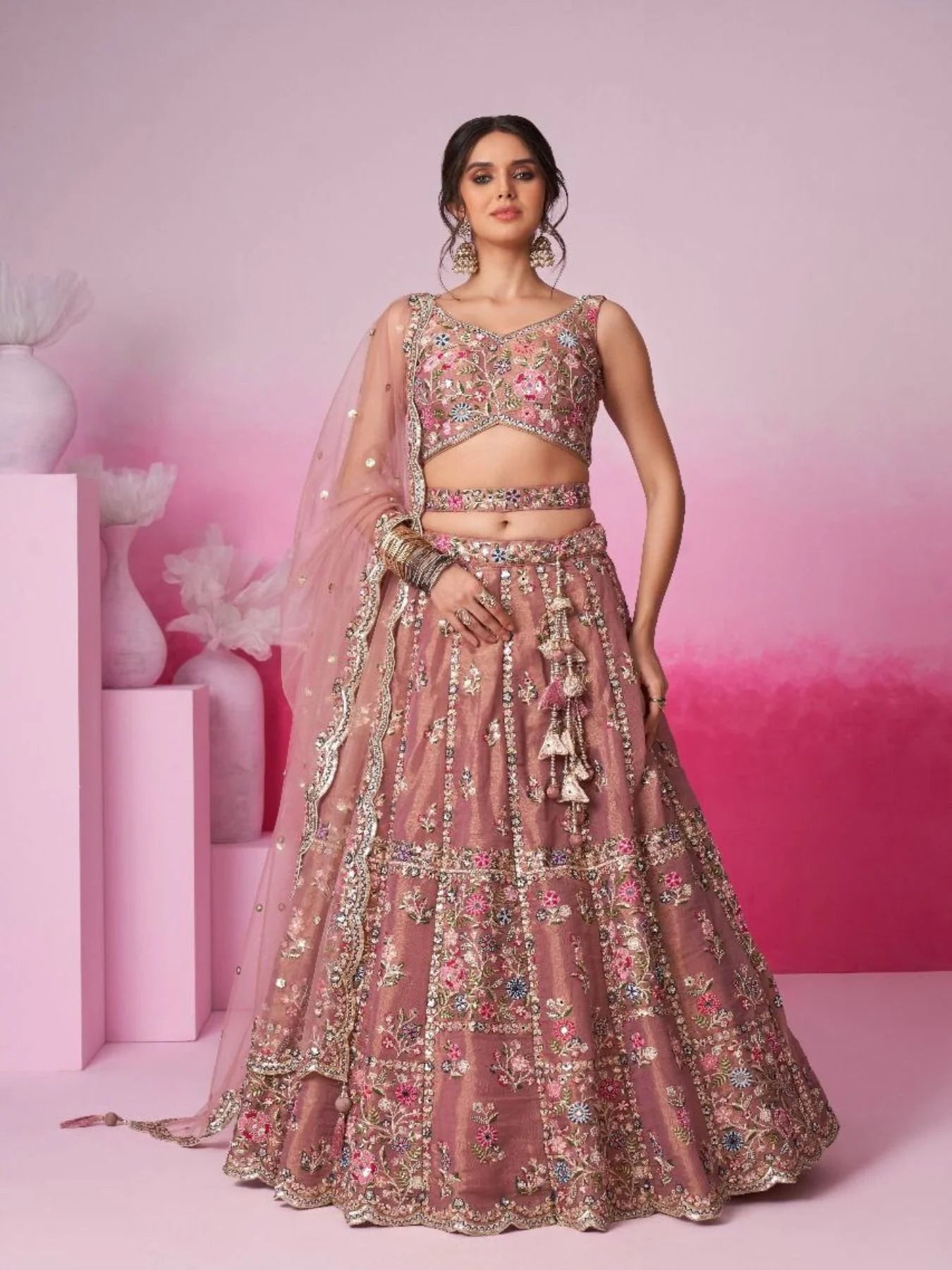 Rose Gold Wedding Lehenga Choli Heavy Mirror Moti & Sequin Work with Dupatta Set Premium Online Wholesale Fashionwear