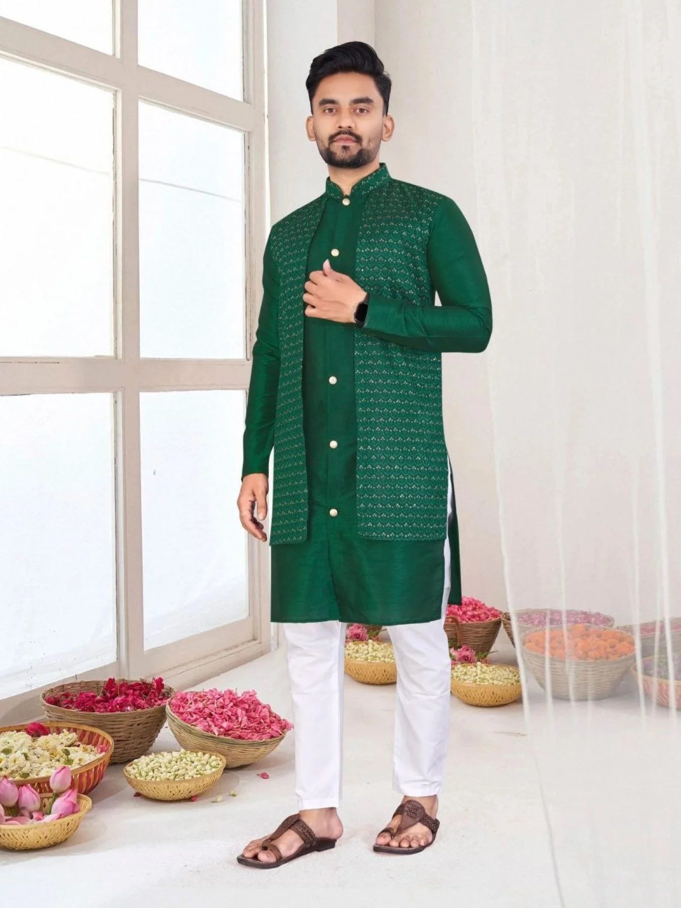 Unmatched Men's Kurta with Attached Koti - Traditional Bangalori Silk with Semi-Cotton Pyjama
