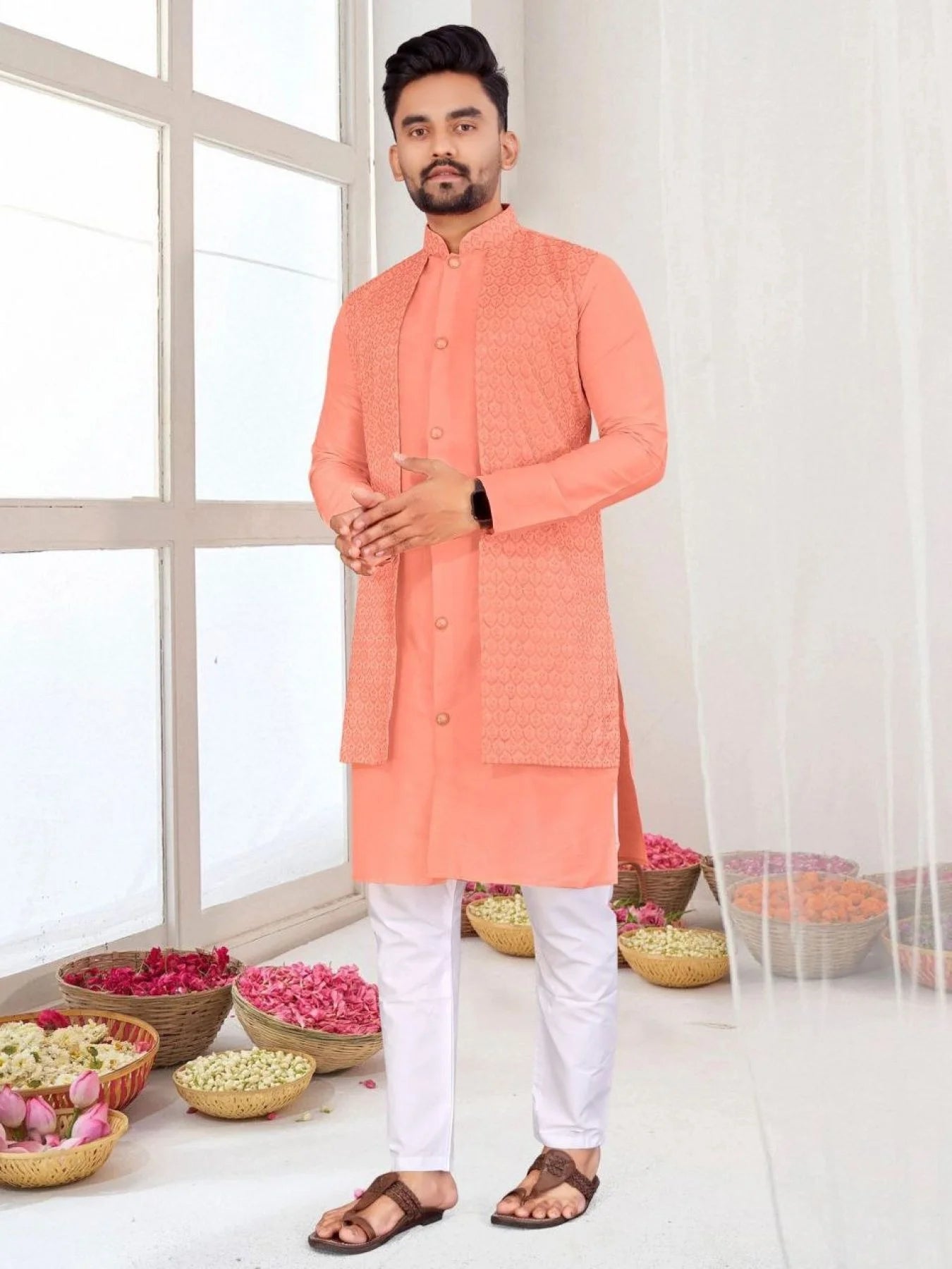 Unmatched Men's Kurta with Attached Koti - Traditional Bangalori Silk with Semi-Cotton Pyjama