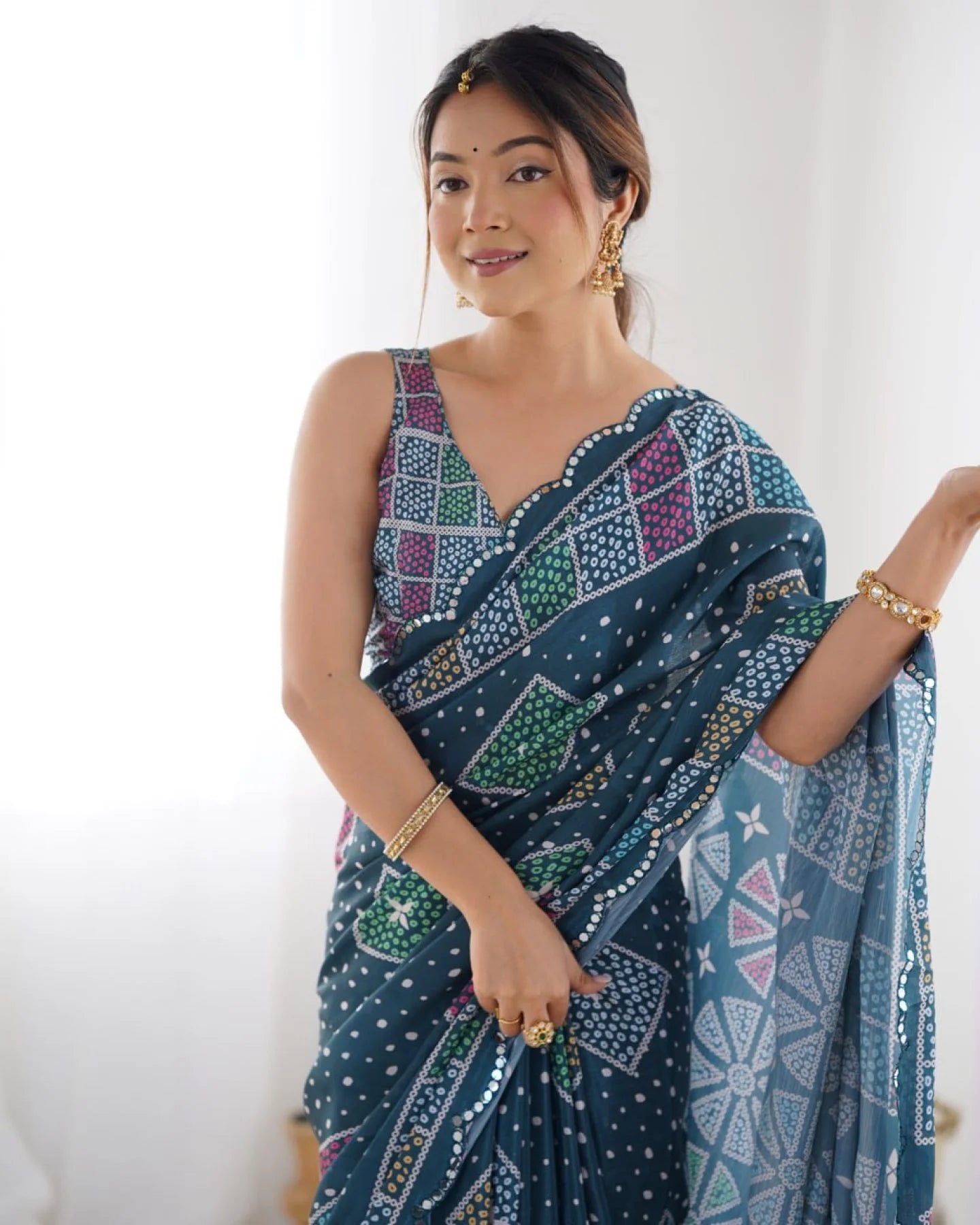 Dark Blue Heavy Chinon Digital Print Saree with Mirror Lace Border Online Exclusive Designer Collection