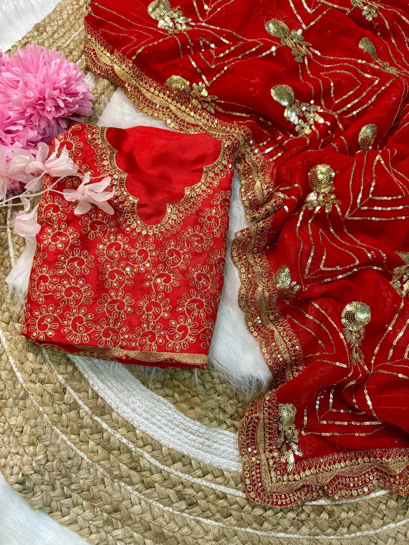 URVASHI Stunning Red Georgette Saree with Silk Embroidered Blouse