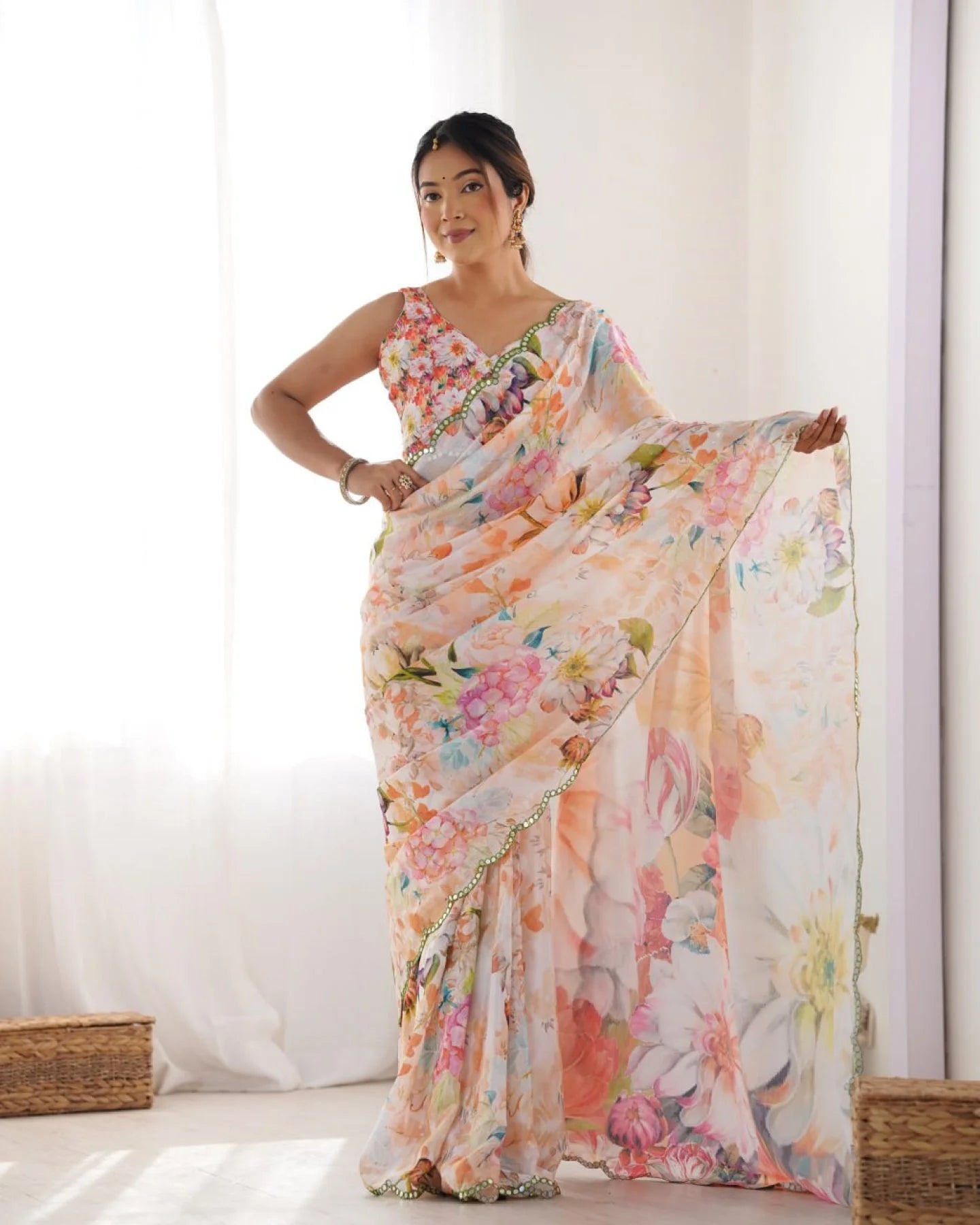Attractive Floral Chinon Saree with Traditional Kutchi Mirror Lace & Matching Blouse Ethnic Designer Wear from Surat