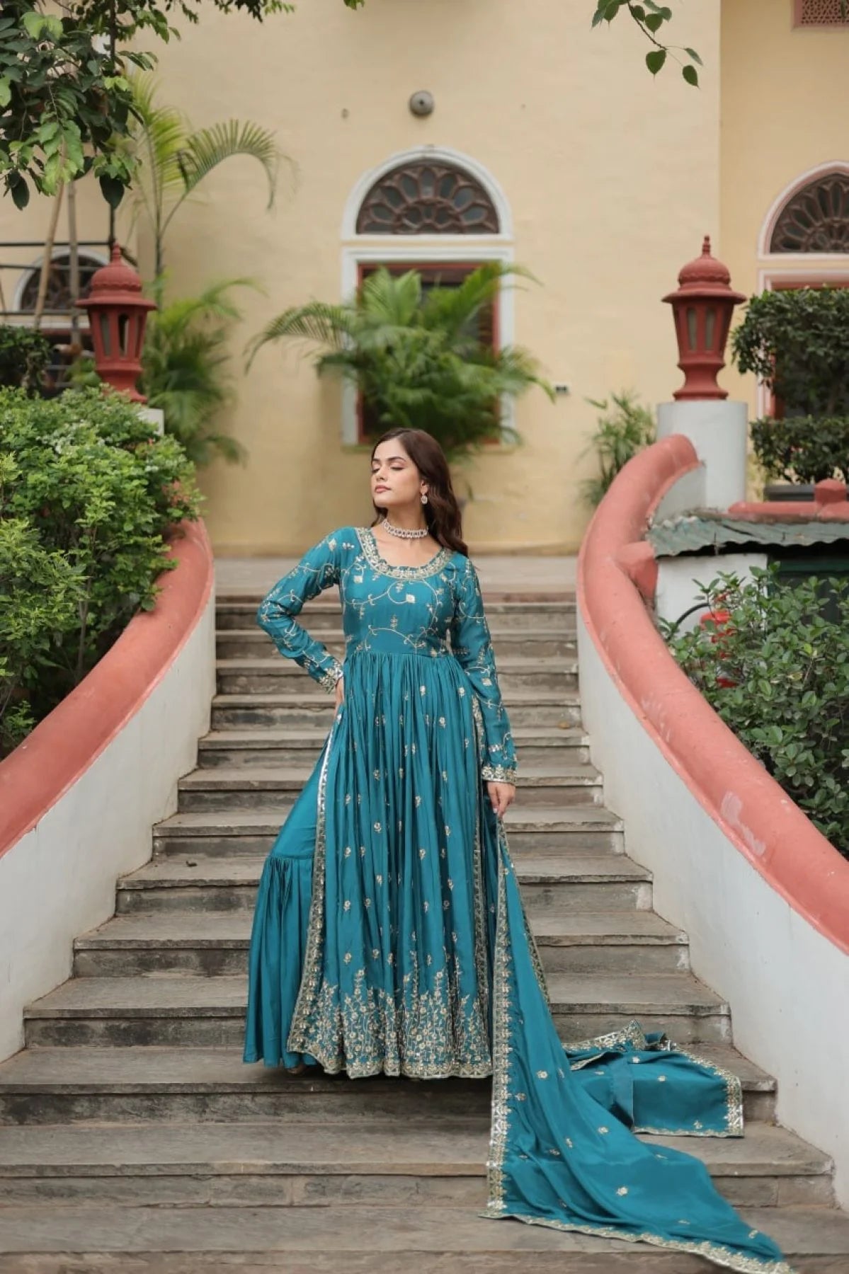 Stunning Rama Color Chinon Designer Embroidered Salwar Suit