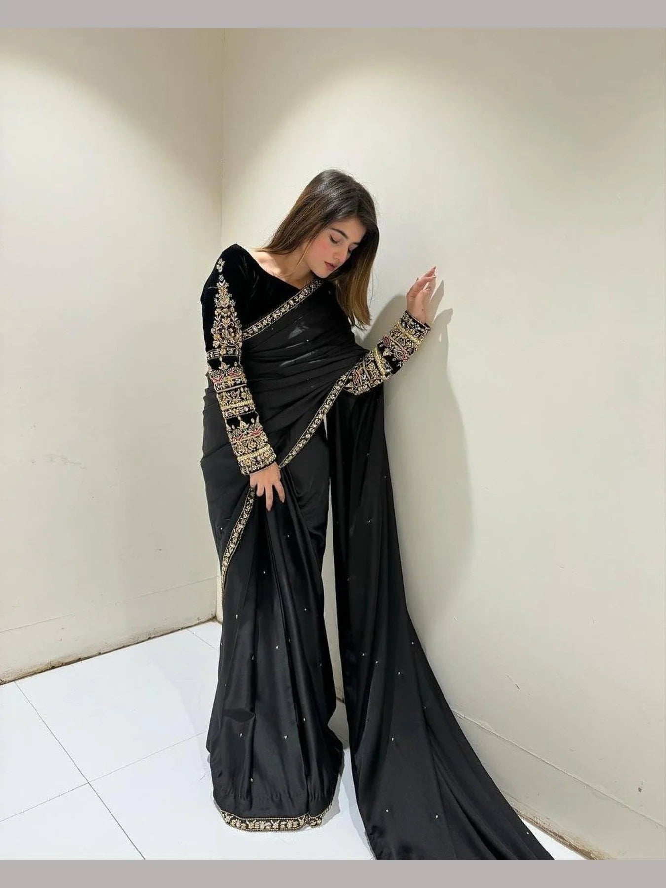 Designer Bollywood Style Velvet saree with embroidery work