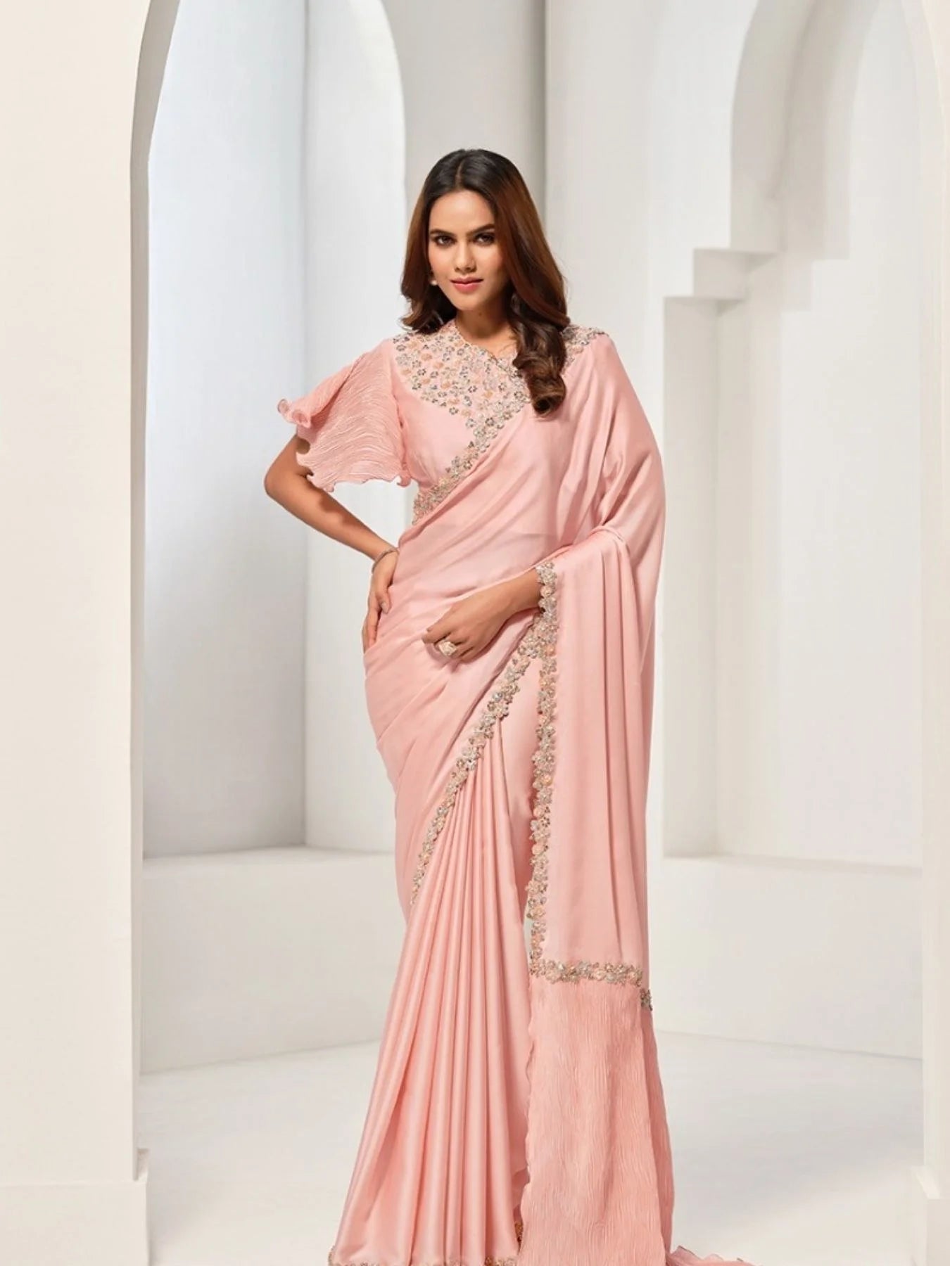 Party Wear Crape Satin Silk Saree Collection Norita 43900 Series Saanjh Catalog