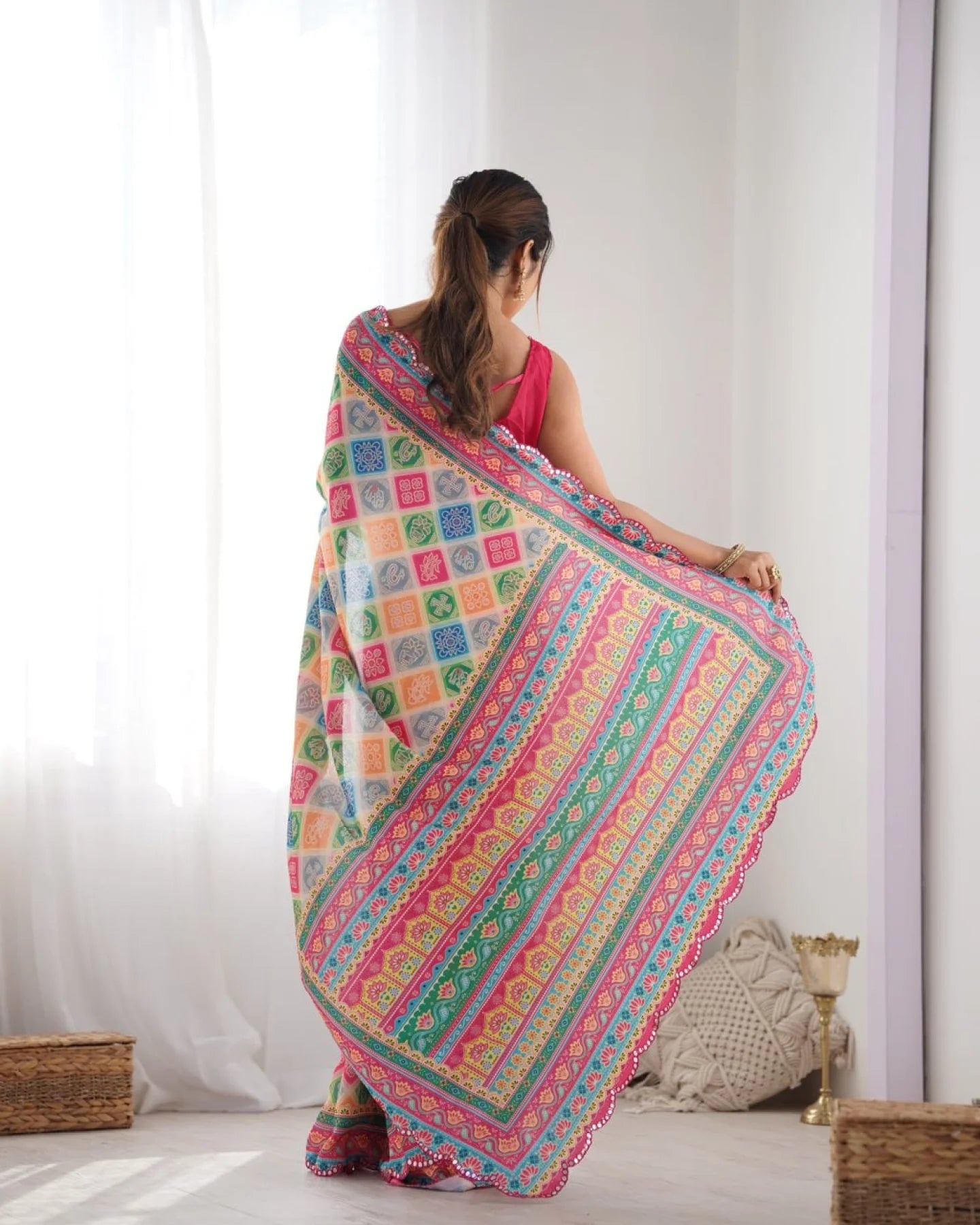 Multi-Color Printed Chinon Saree with Designer Mirror Lace Surat-Based Supplier Buy Now at Best Price