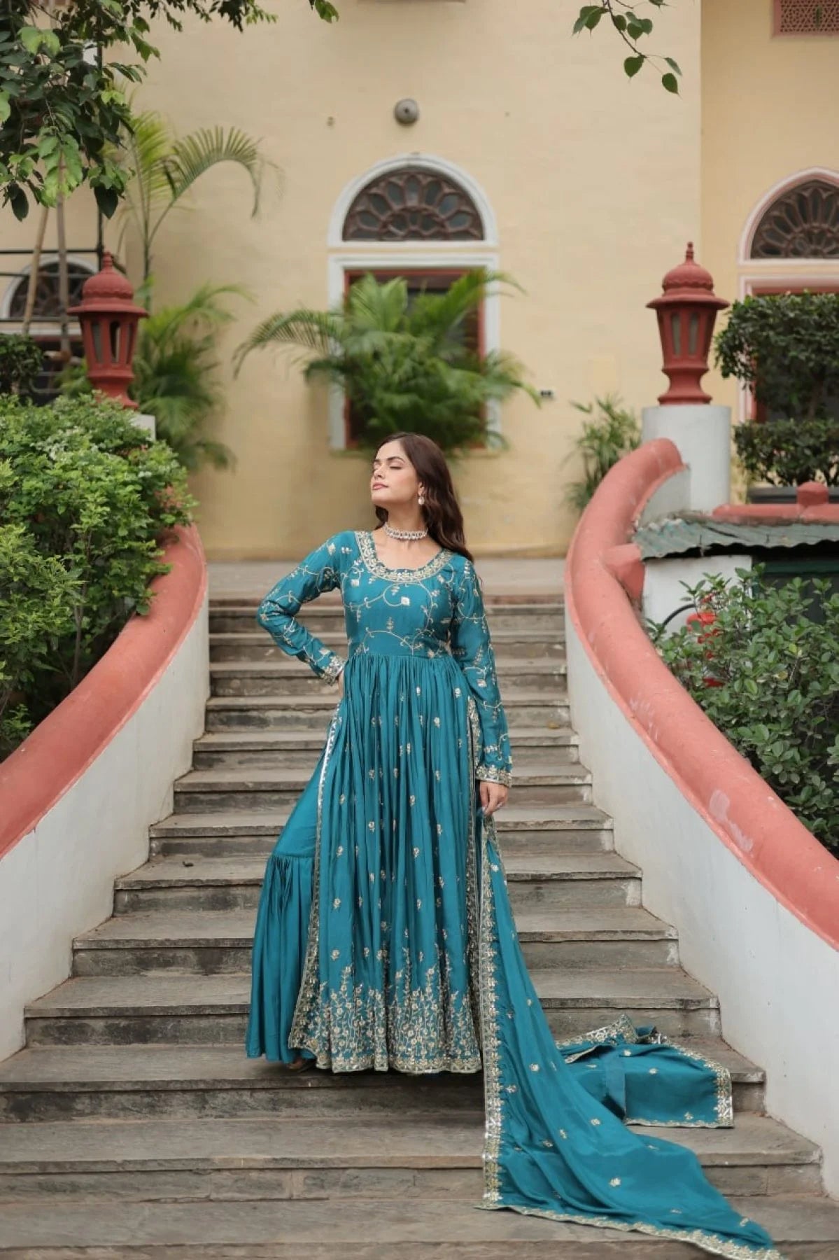 Stunning Rama Color Chinon Designer Embroidered Salwar Suit