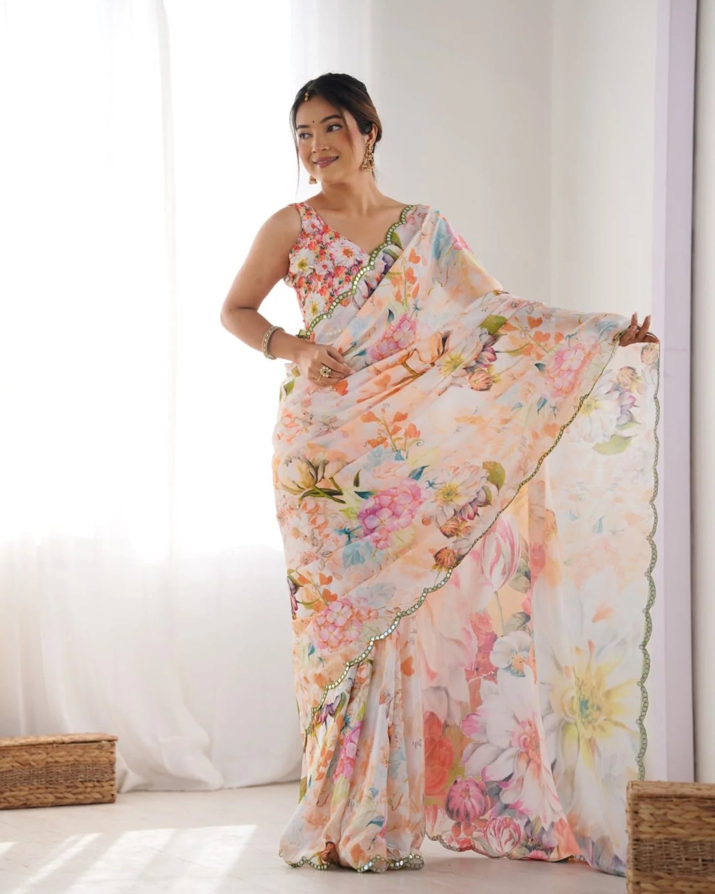 Attractive Floral Chinon Saree with Traditional Kutchi Mirror Lace & Matching Blouse Ethnic Designer Wear from Surat