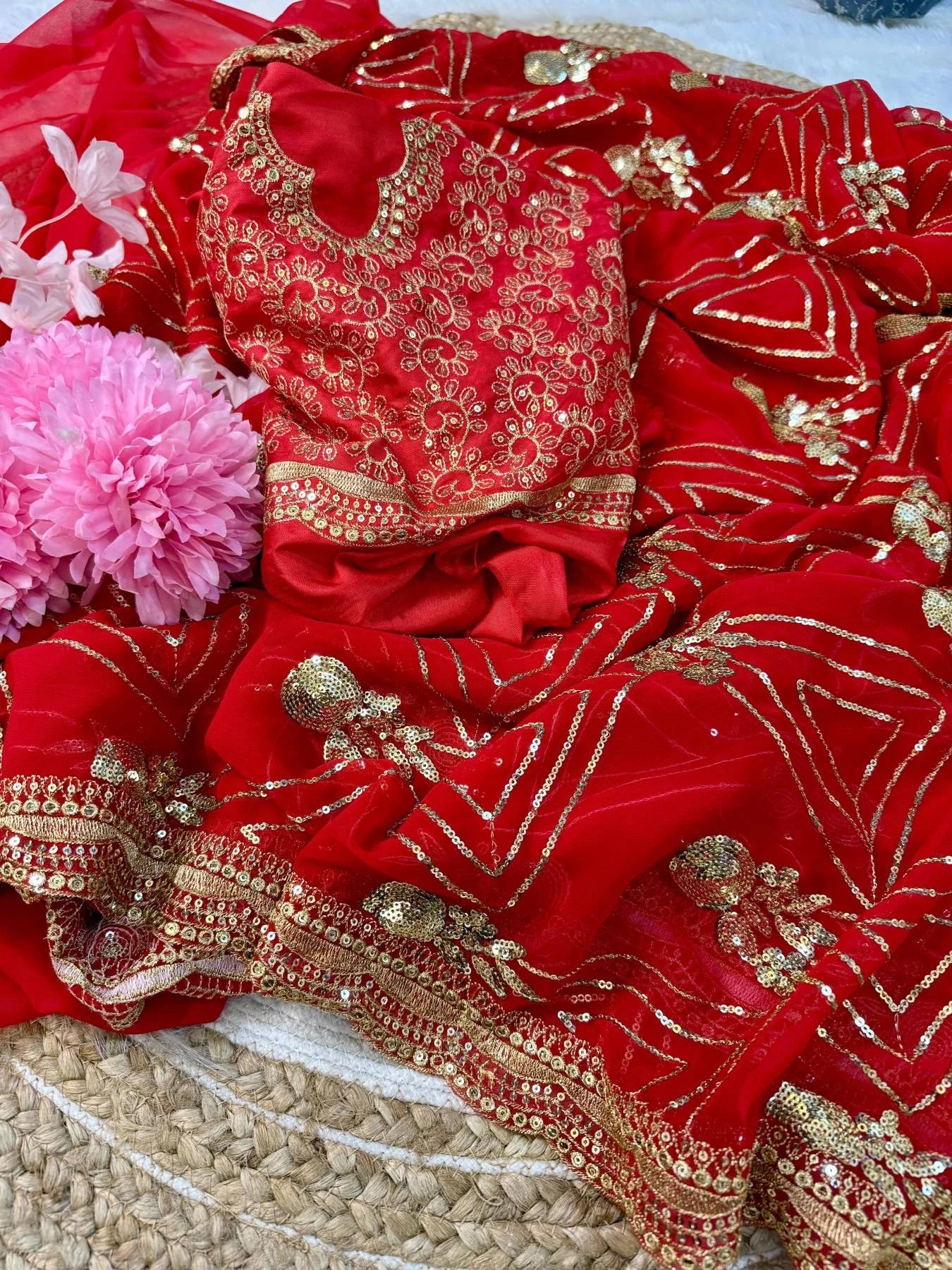 URVASHI Stunning Red Georgette Saree with Silk Embroidered Blouse