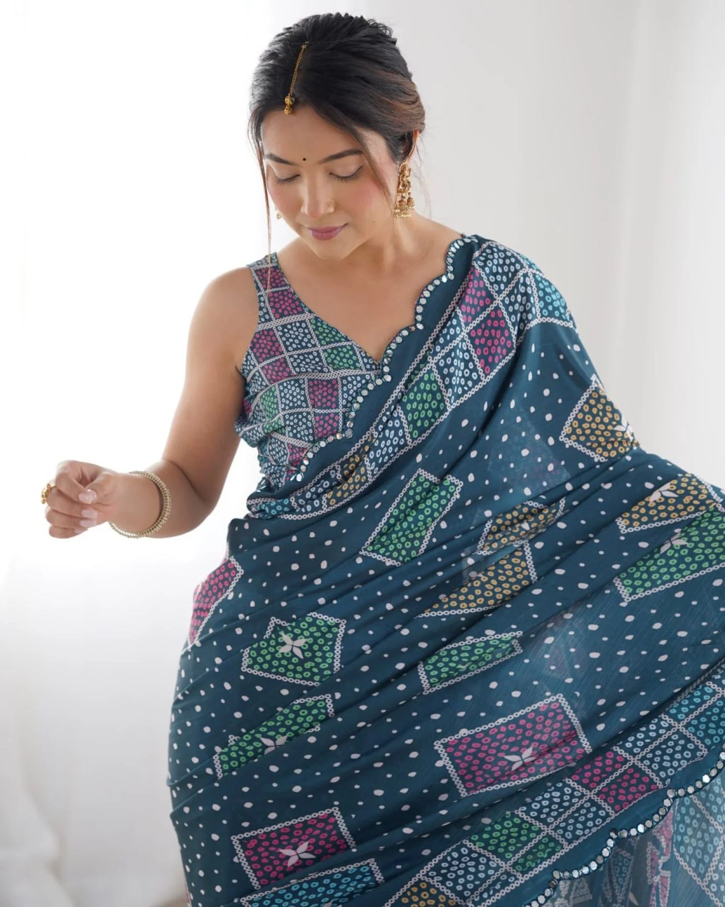 Dark Blue Heavy Chinon Digital Print Saree with Mirror Lace Border Online Exclusive Designer Collection