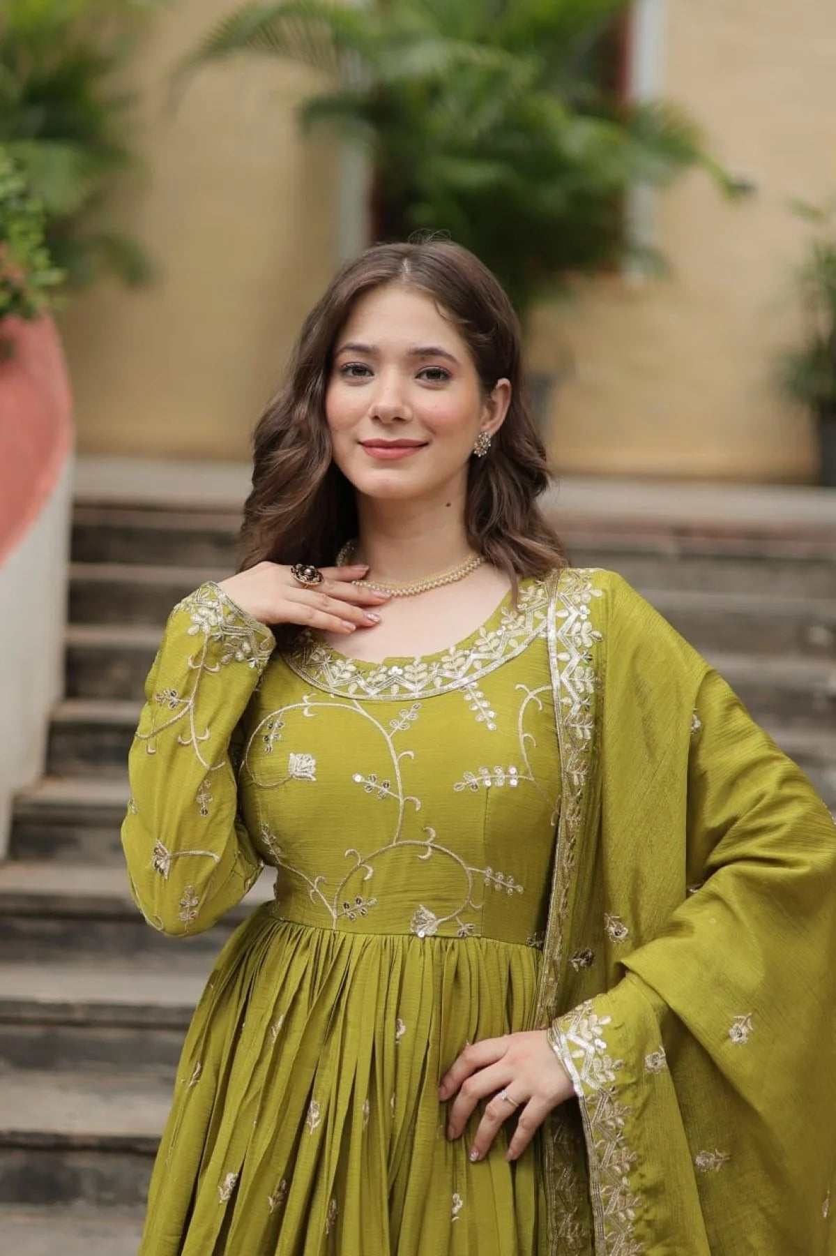 Stunning Parrot Color Chinon Designer Embroidered Salwar Suit
