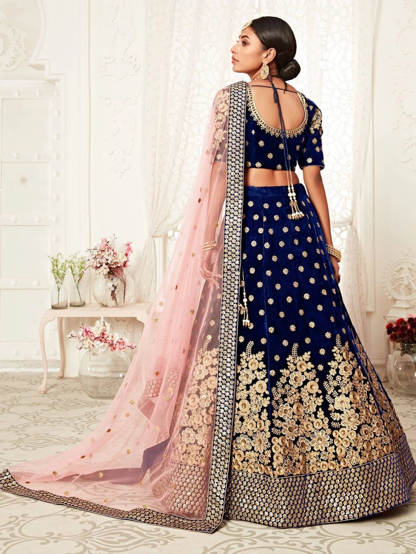 Royal Velvet Wedding Lehenga Choli Navy Blue Velvet with Heavy Floral Zari Sequins Work