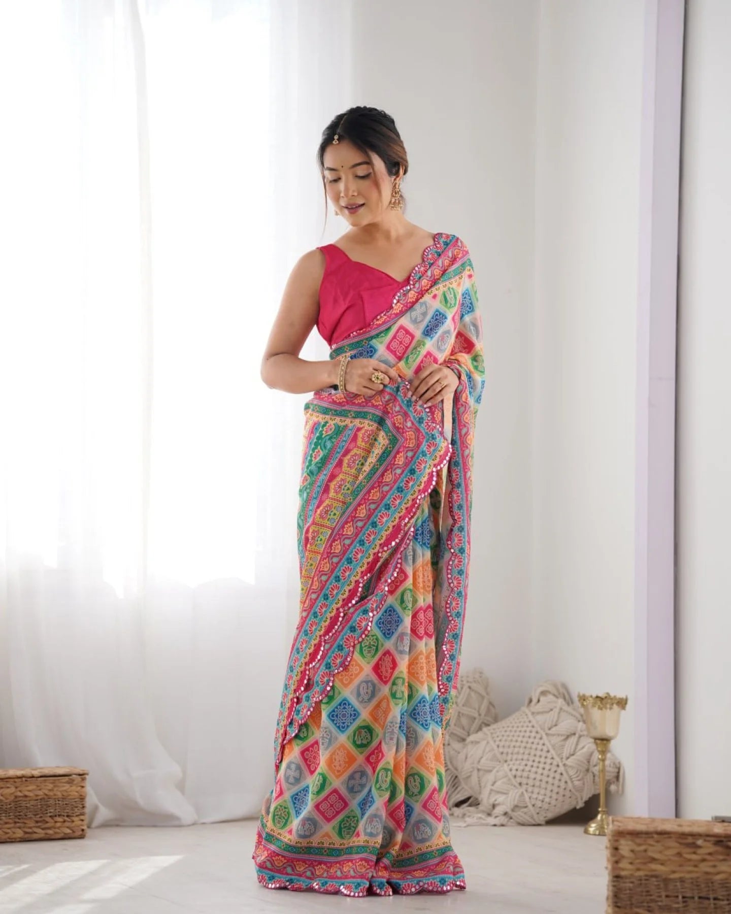 Multi-Color Printed Chinon Saree with Designer Mirror Lace Surat-Based Supplier Buy Now at Best Price