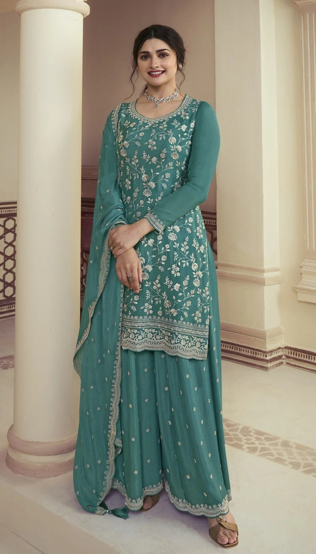 Beautiful Chinon Embroidered Work Sharara Suits Collection