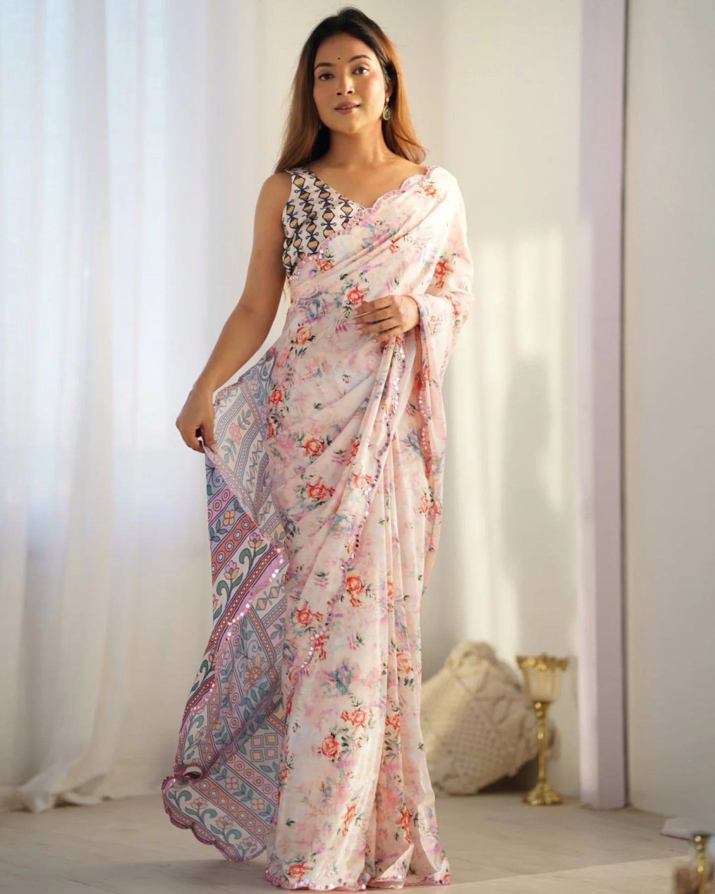 Premium Peach Chinon Saree with Digital Print Mirror Lace Border Designer Party Wear from Surat