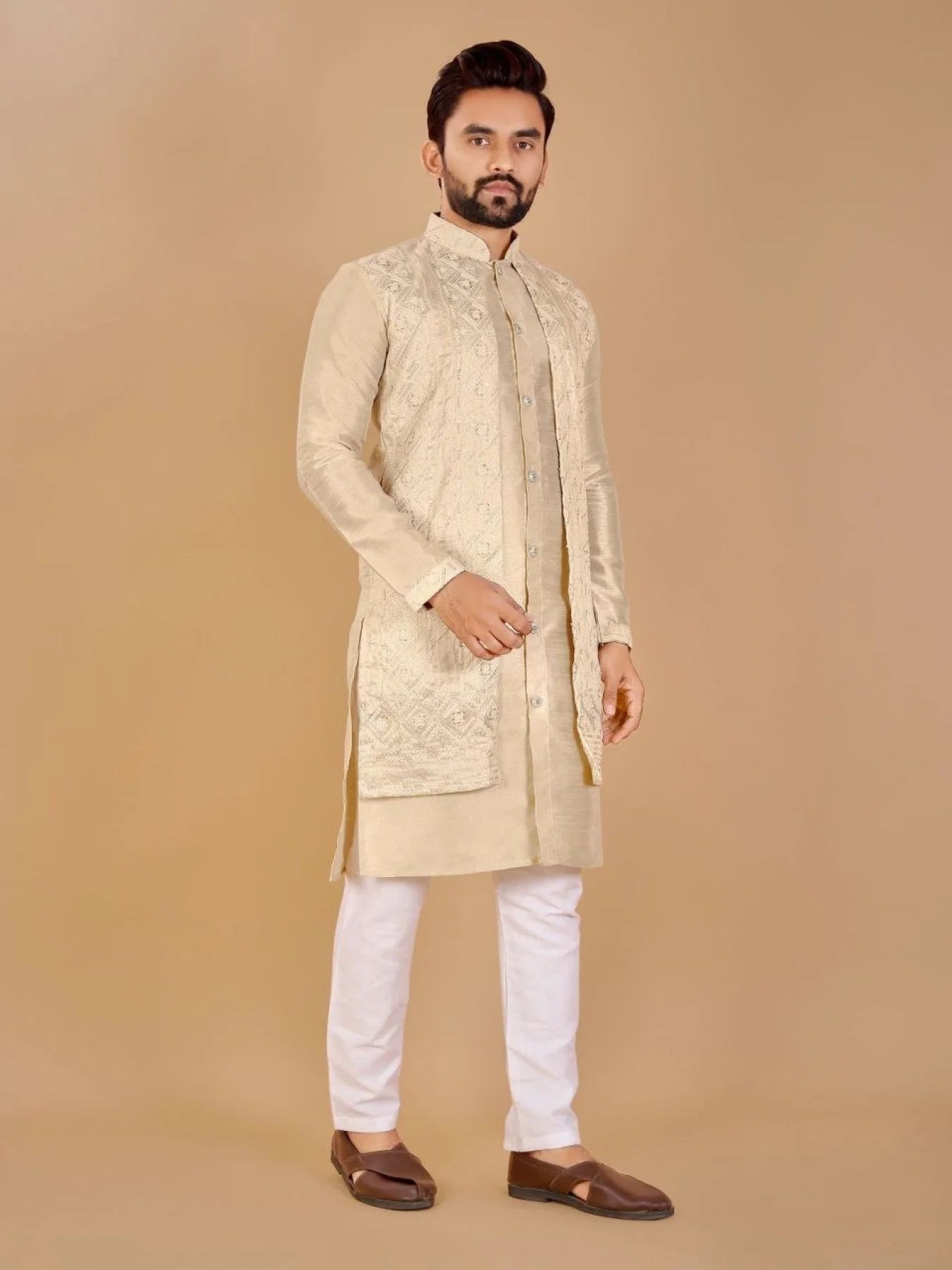 Unmatched Men's Kurta with Attached Koti - Traditional Bangalori Silk with Semi-Cotton Pyjama