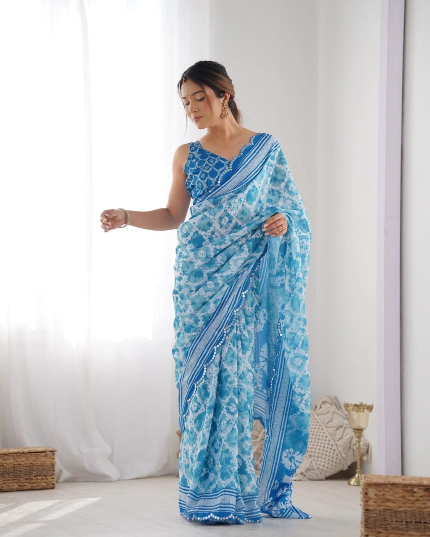 Chinon Mirror Work Saree with Kutchi Lace Party Wear Saree for Women Wholesale Deal