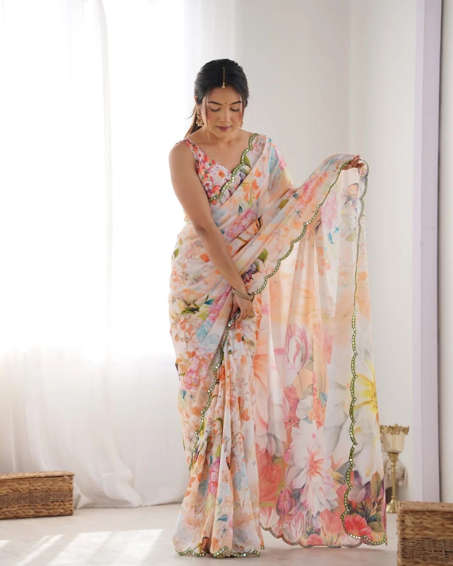 Attractive Floral Chinon Saree with Traditional Kutchi Mirror Lace & Matching Blouse Ethnic Designer Wear from Surat