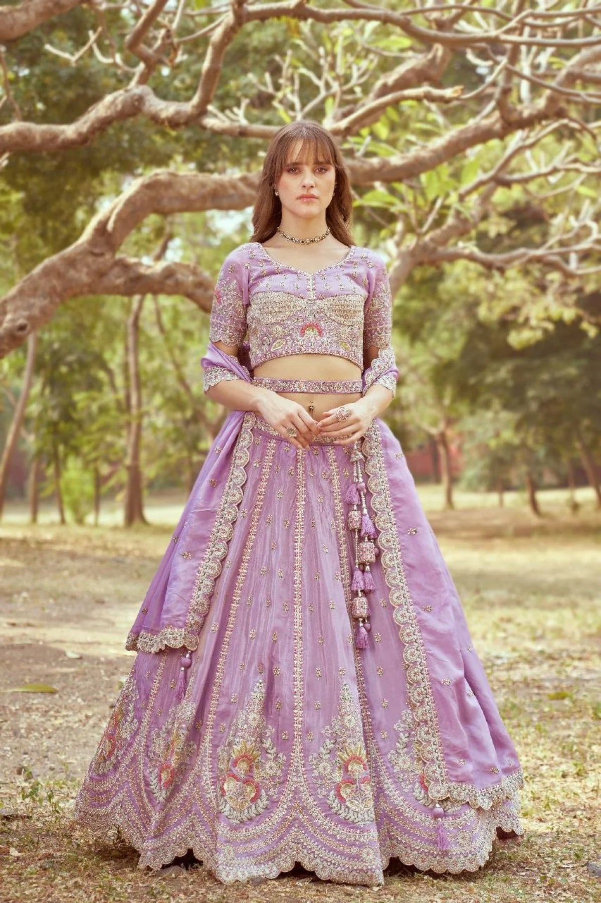 Luxury Heavy Bridal Tissue Lehenga Lavender Gold Multi Embroidery Cream Crush Moti Dupatta Surat Export Design Trendy Collection for Dealers