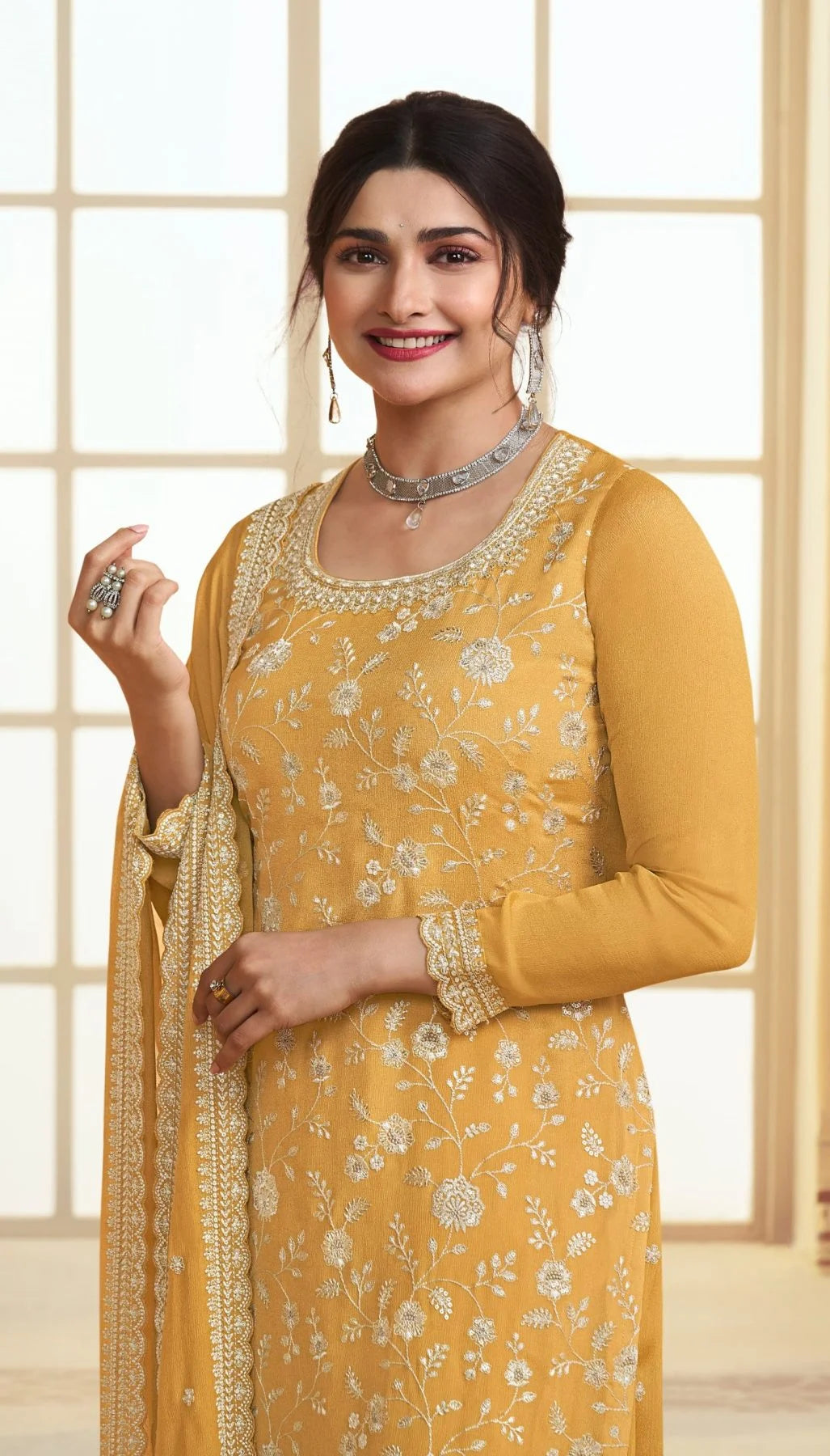 Beautiful Chinon Embroidered Work Sharara Suits Collection