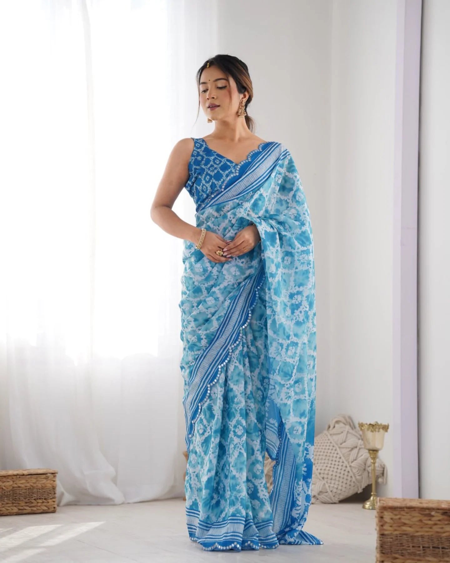 Chinon Mirror Work Saree with Kutchi Lace Party Wear Saree for Women Wholesale Deal