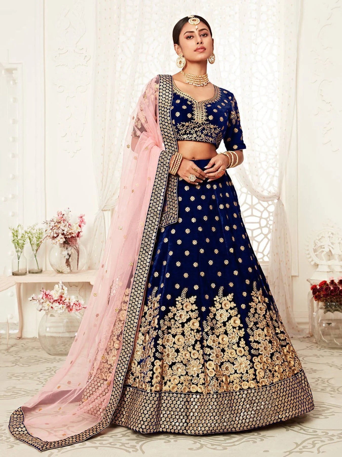 Royal Velvet Wedding Lehenga Choli Navy Blue Velvet with Heavy Floral Zari Sequins Work