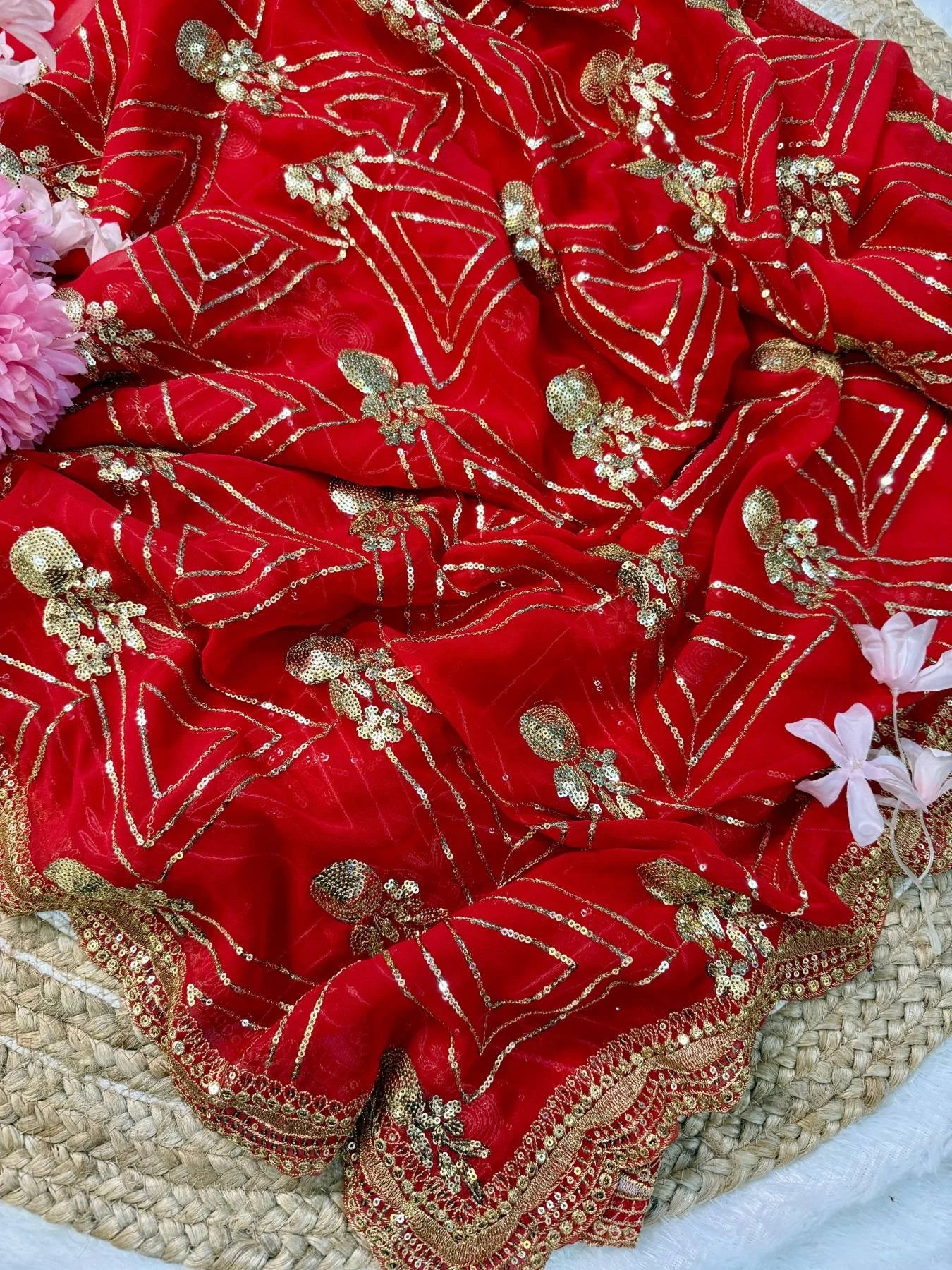URVASHI Stunning Red Georgette Saree with Silk Embroidered Blouse