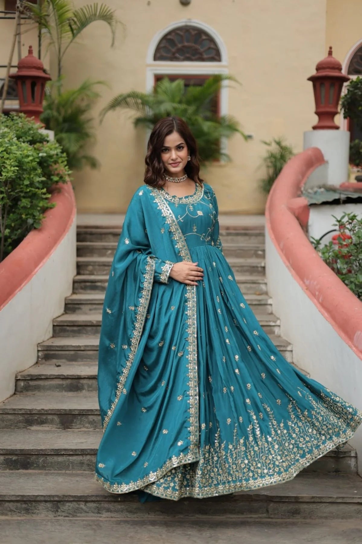 Stunning Rama Color Chinon Designer Embroidered Salwar Suit