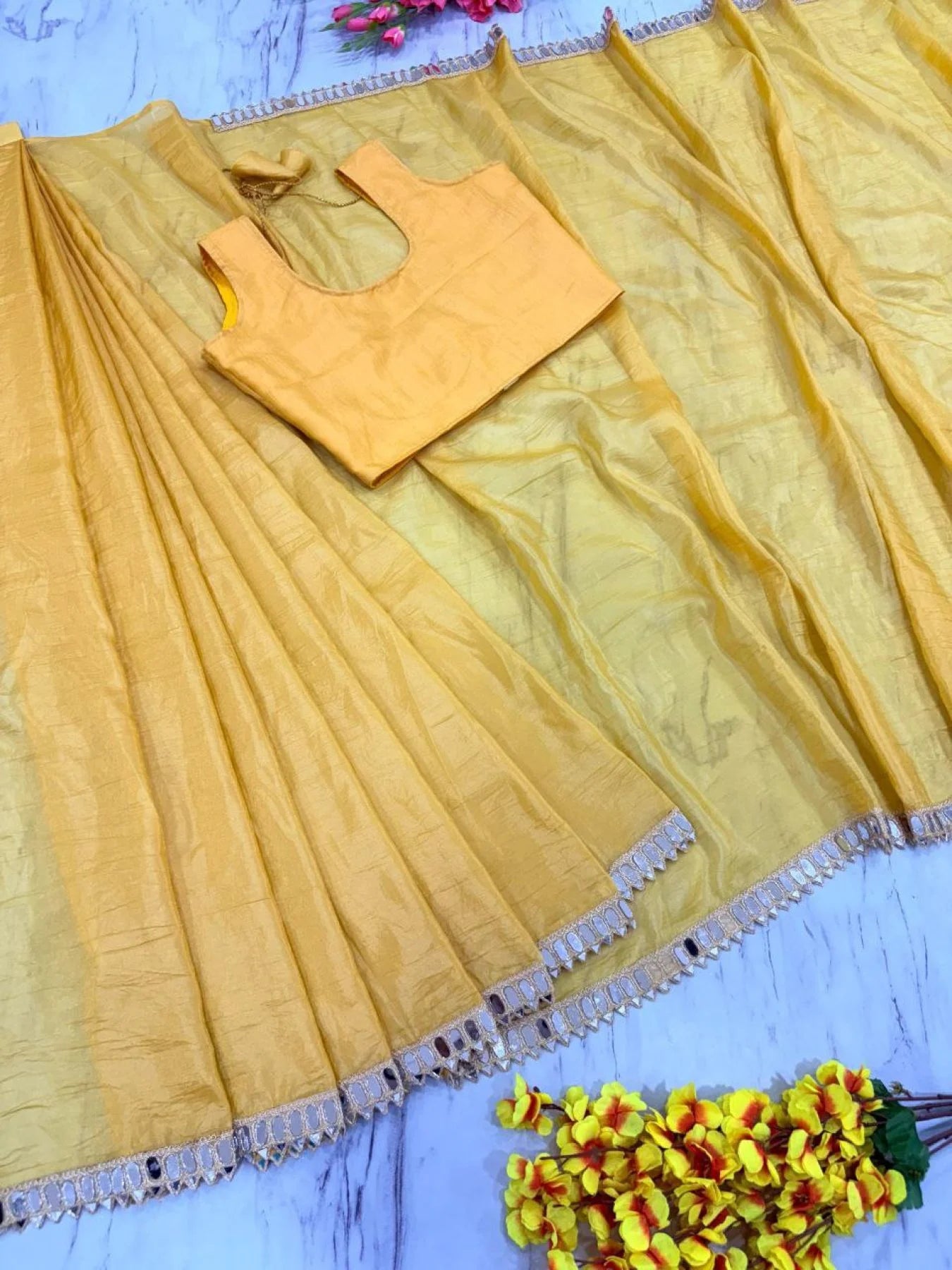 Sunset Yellow Pure Gold Crush Fancy Saree with Unstitched Blouse Piece