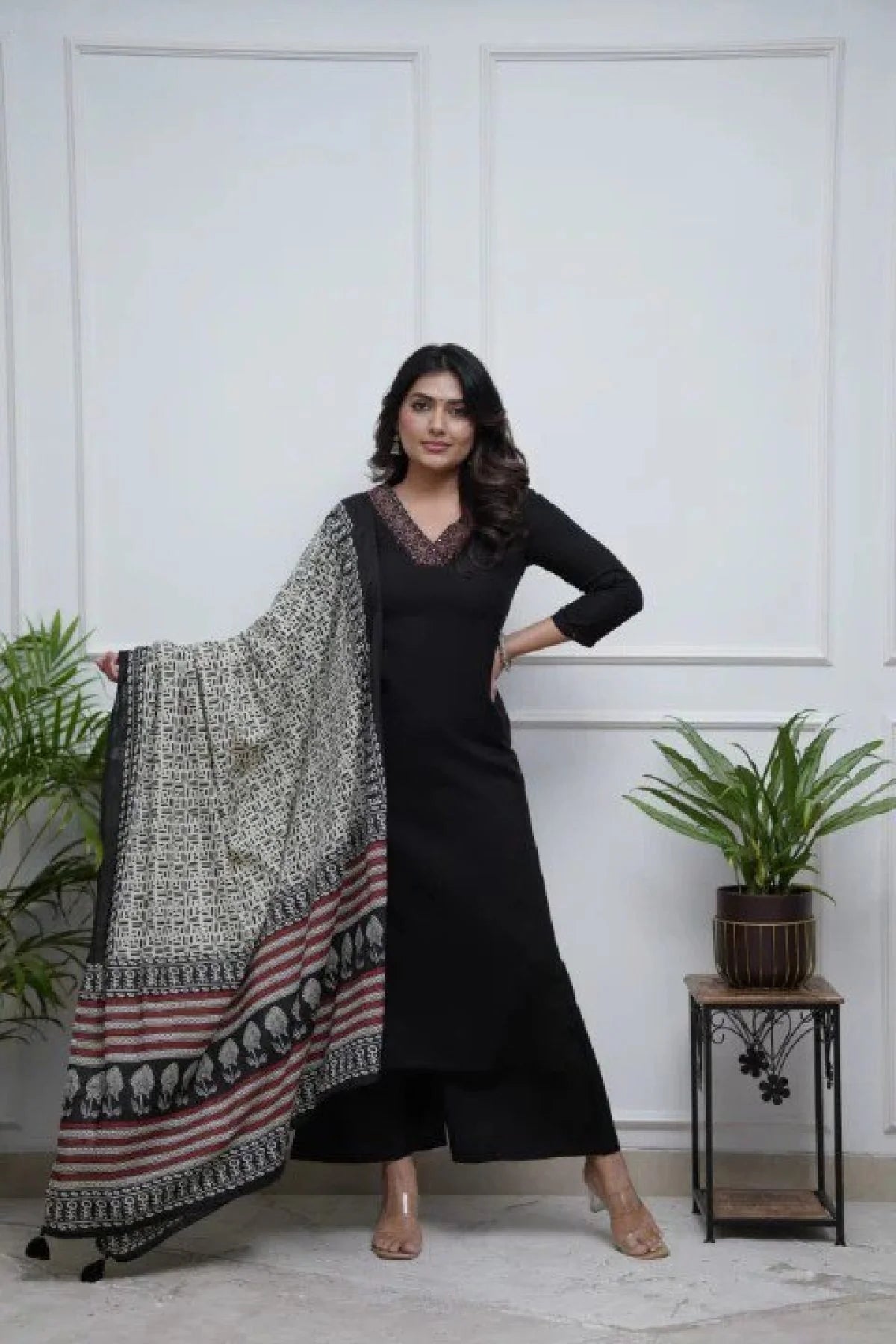 Black Embroidered Parmpara Fabric Kurti Set with Bottom Dupatta Ready to Wear 3 Piece Suit for Women at Best Price