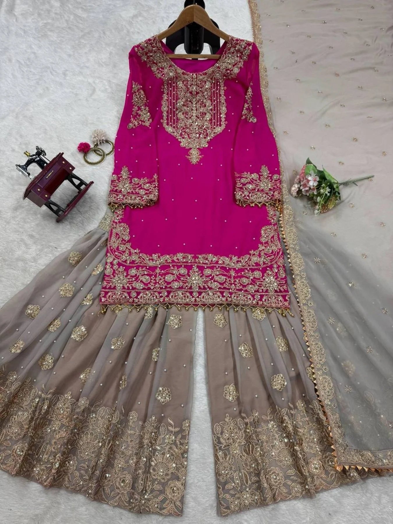 Beautiful Designer faux Georgette Sequence Pink Sharara set with Dupatta