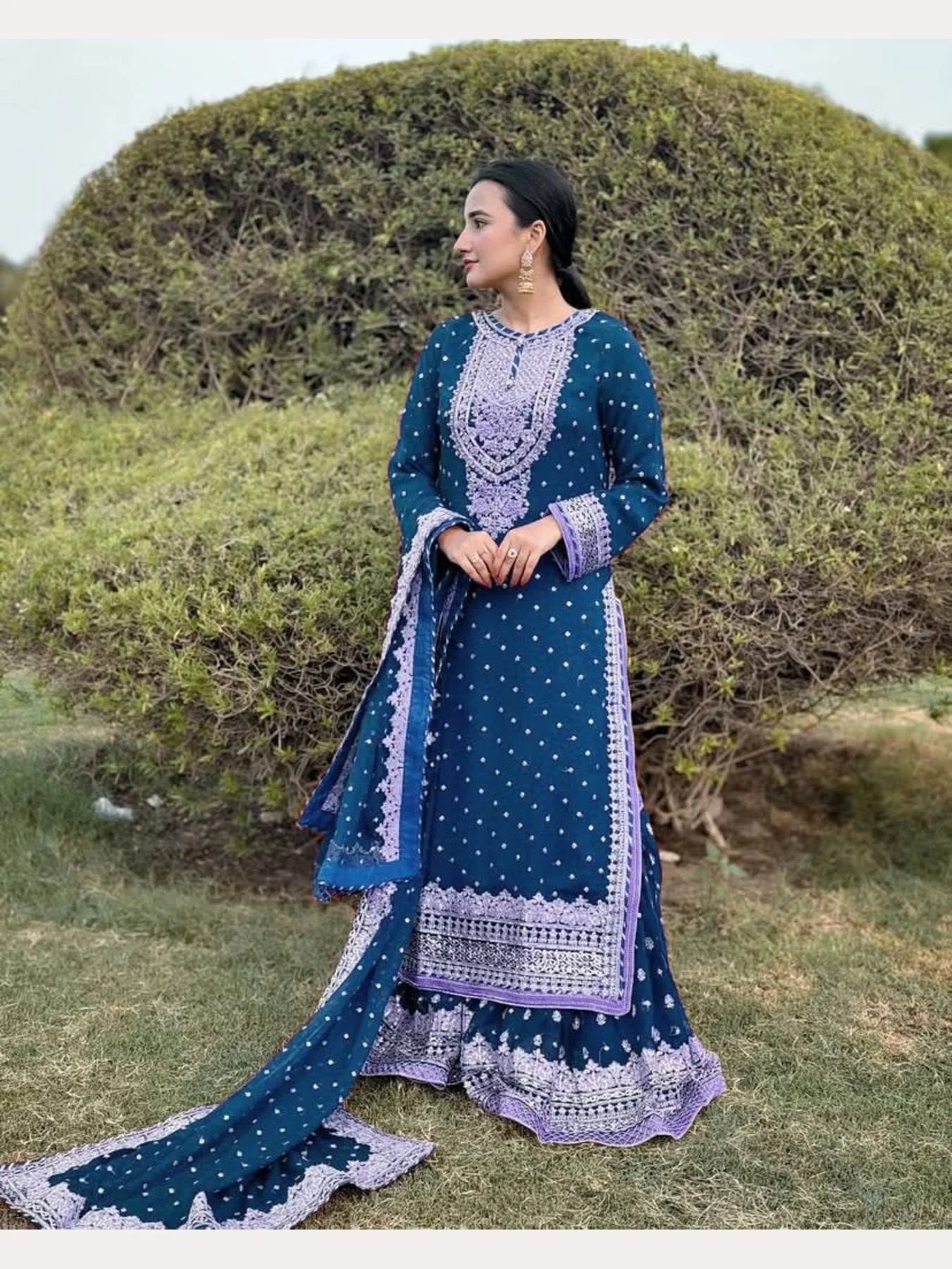 Women Blue Designer Foux Georgette Embroidery and Sequence work Sharara set