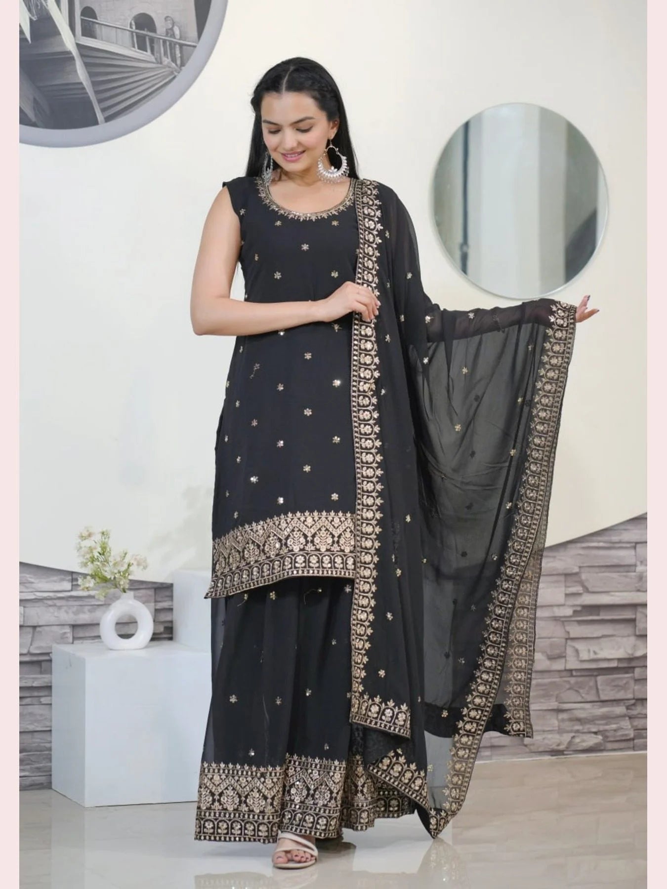 New Designer Faux Georgette Black Sharara set with Embroidery Sequence Work