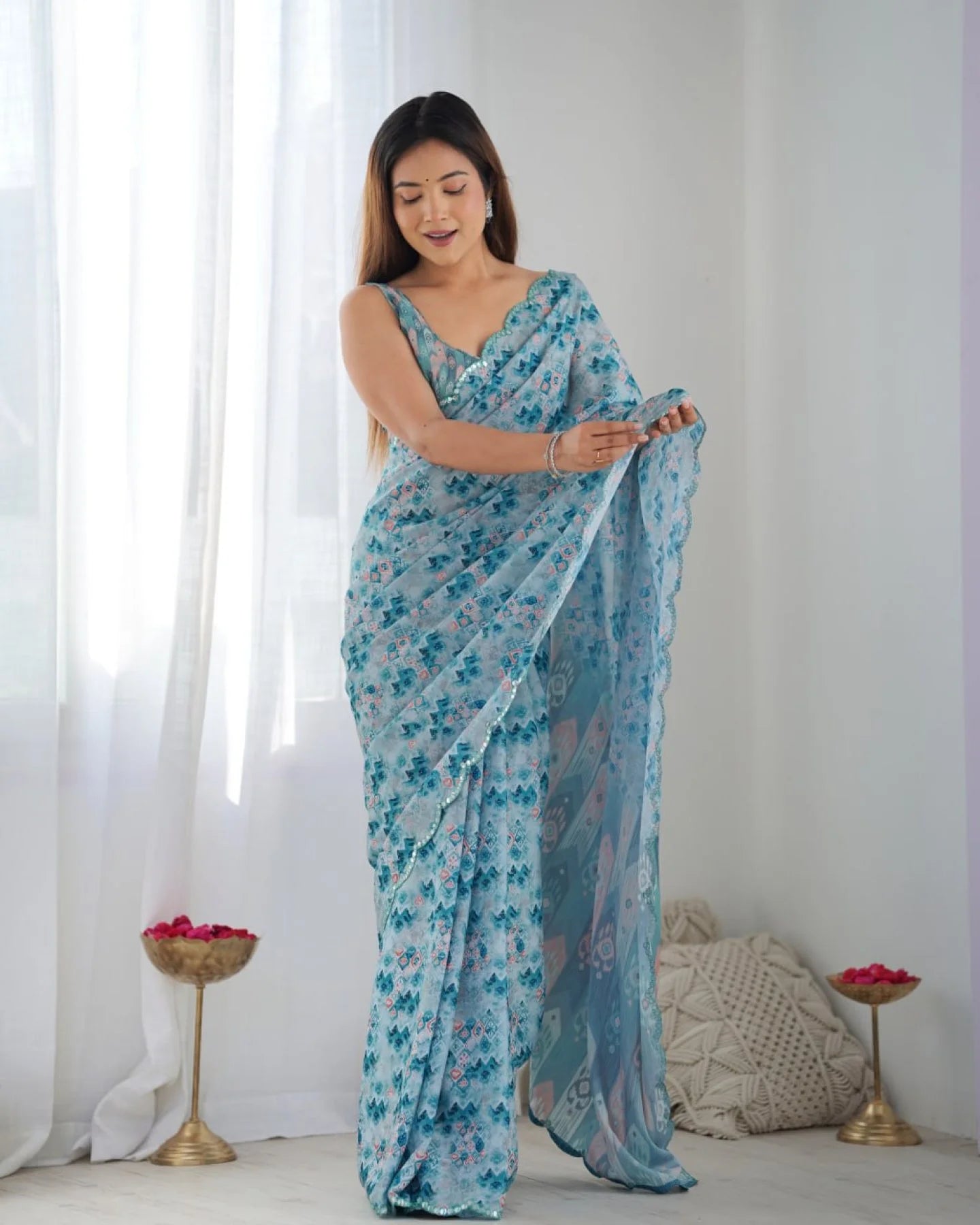 Stylish Chinon Sky Blue Saree with Mirror Lace & Blouse Piece Exclusive Wholesale Collection India
