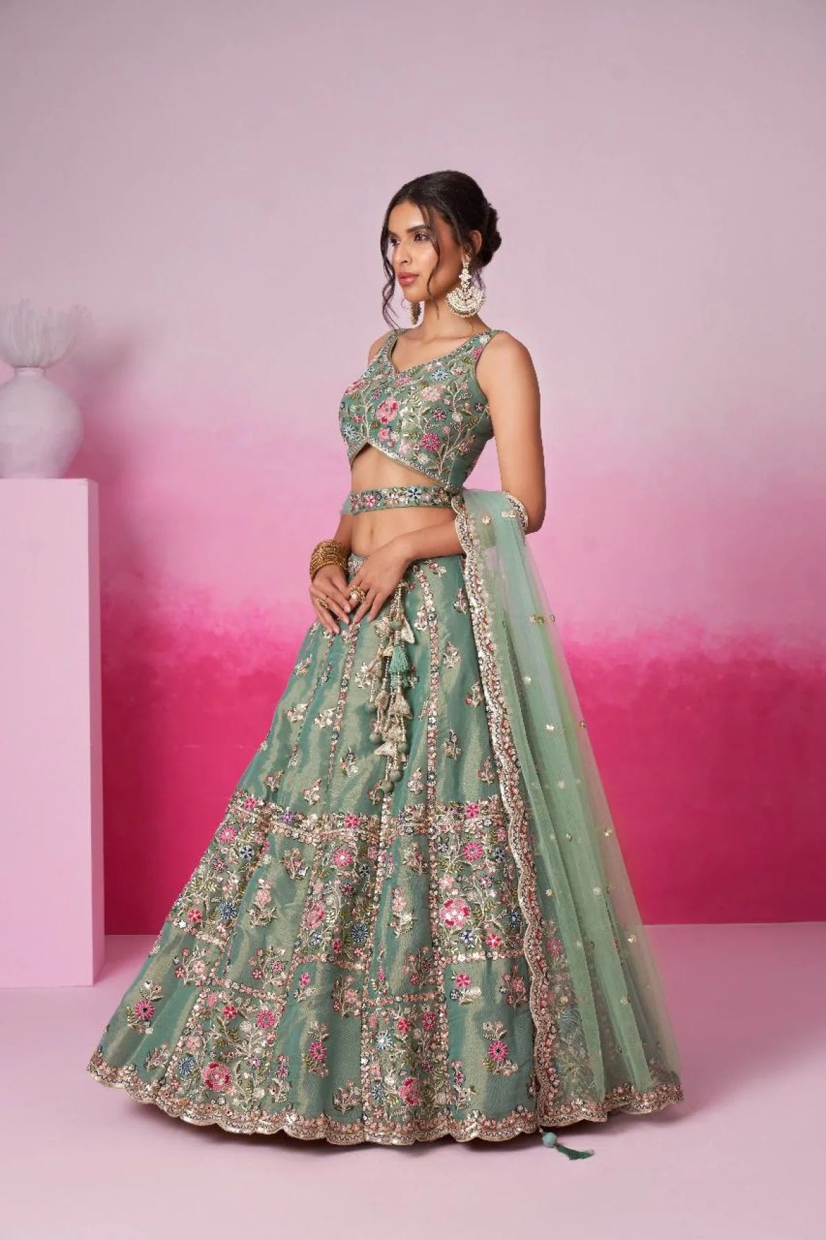 Sea Green Wedding Lehenga Designer Embroidery Dupatta Set Surat Manufacturing for Reseller