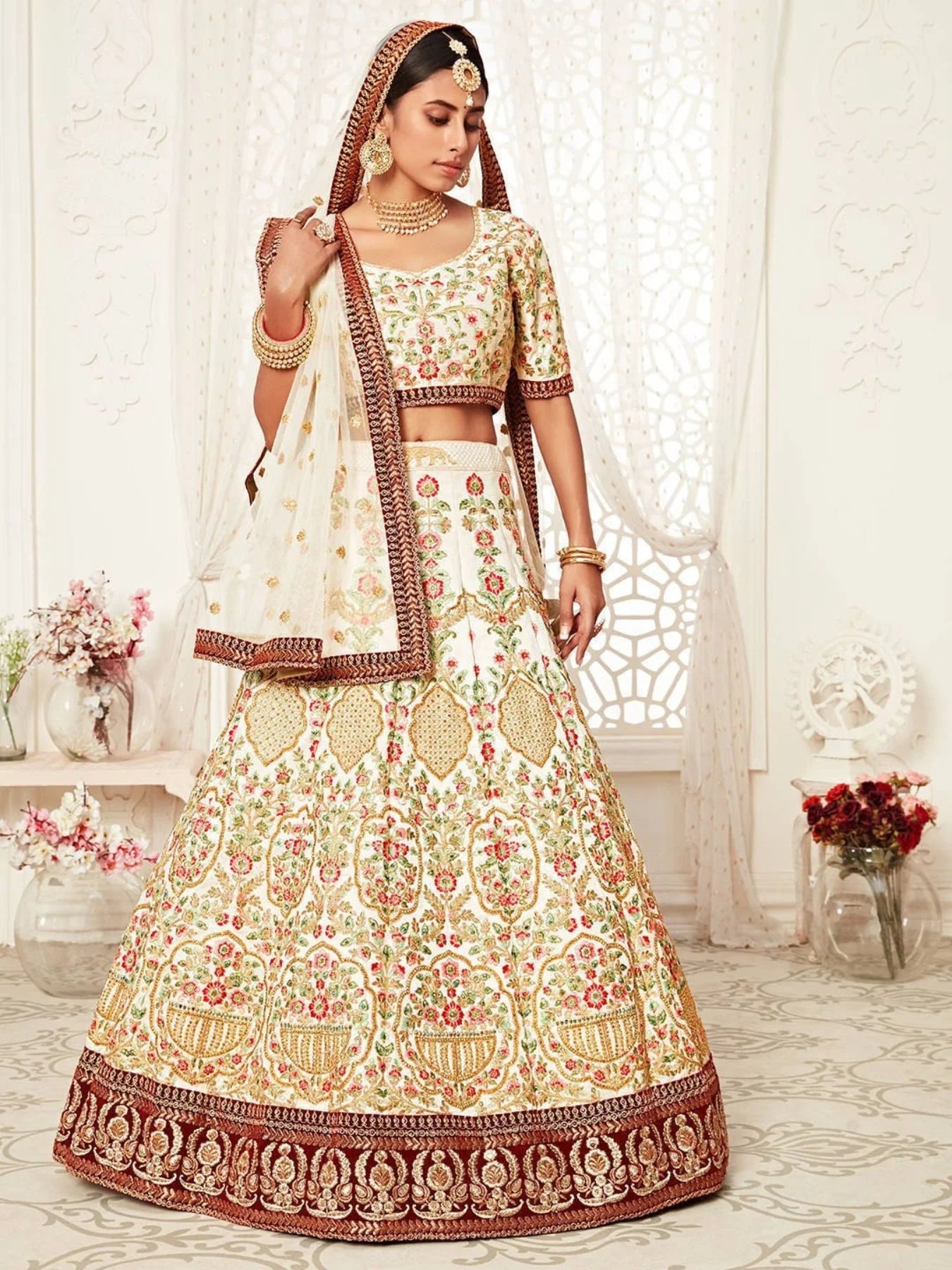 Off White Embroidered Art Silk Extravagant Wedding Lehenga Choli at Best Offer Rates