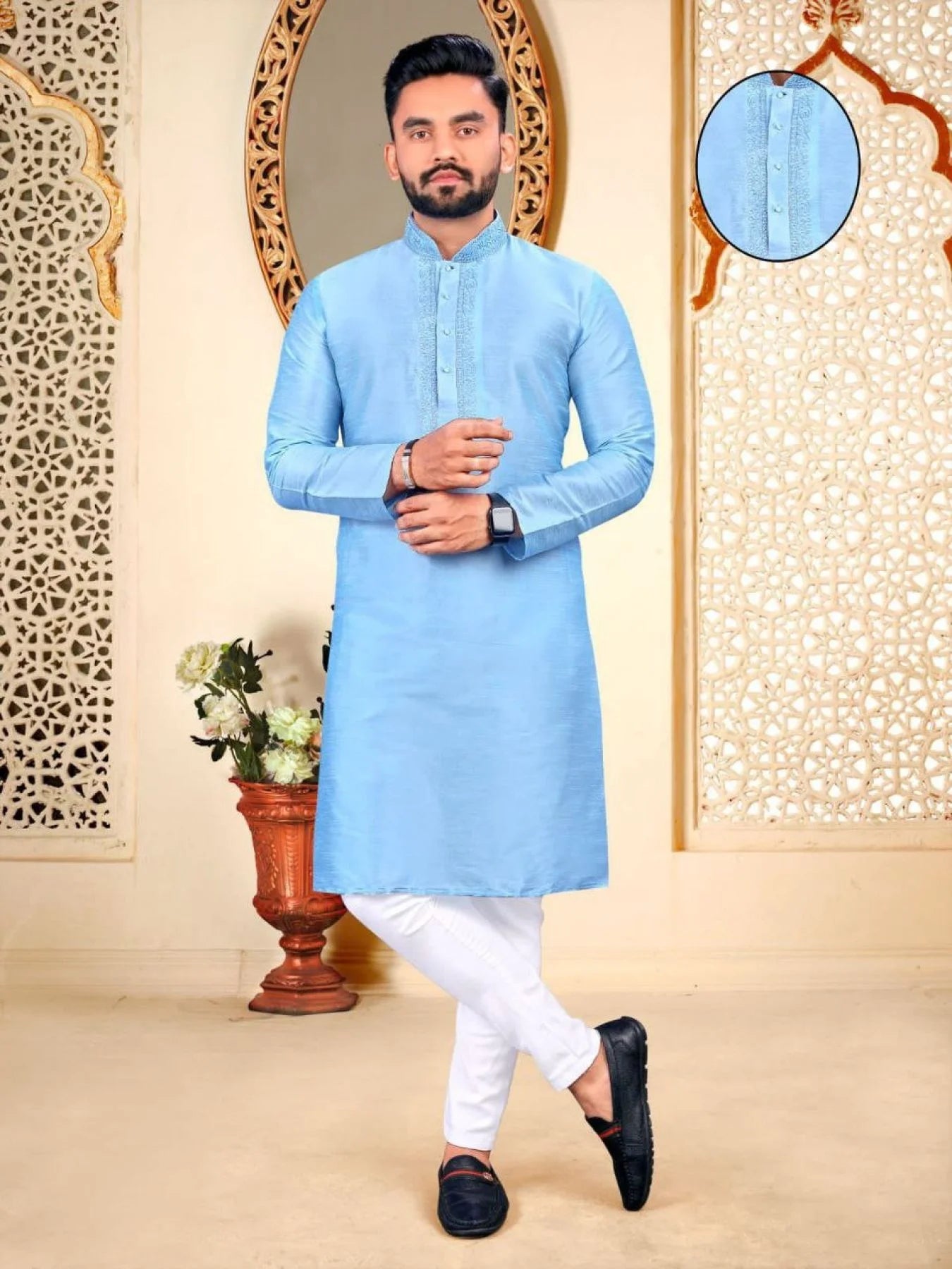 Remarkable Men's Traditional Pure Malbari Cotton Kurta with Embroidery Neck Patter