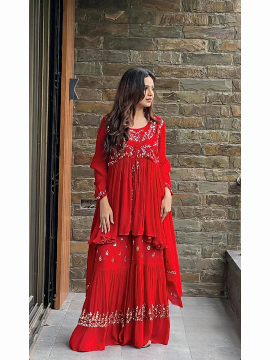 Beautiful Designer Faux Georgette Red Sharara set with Embroidery work