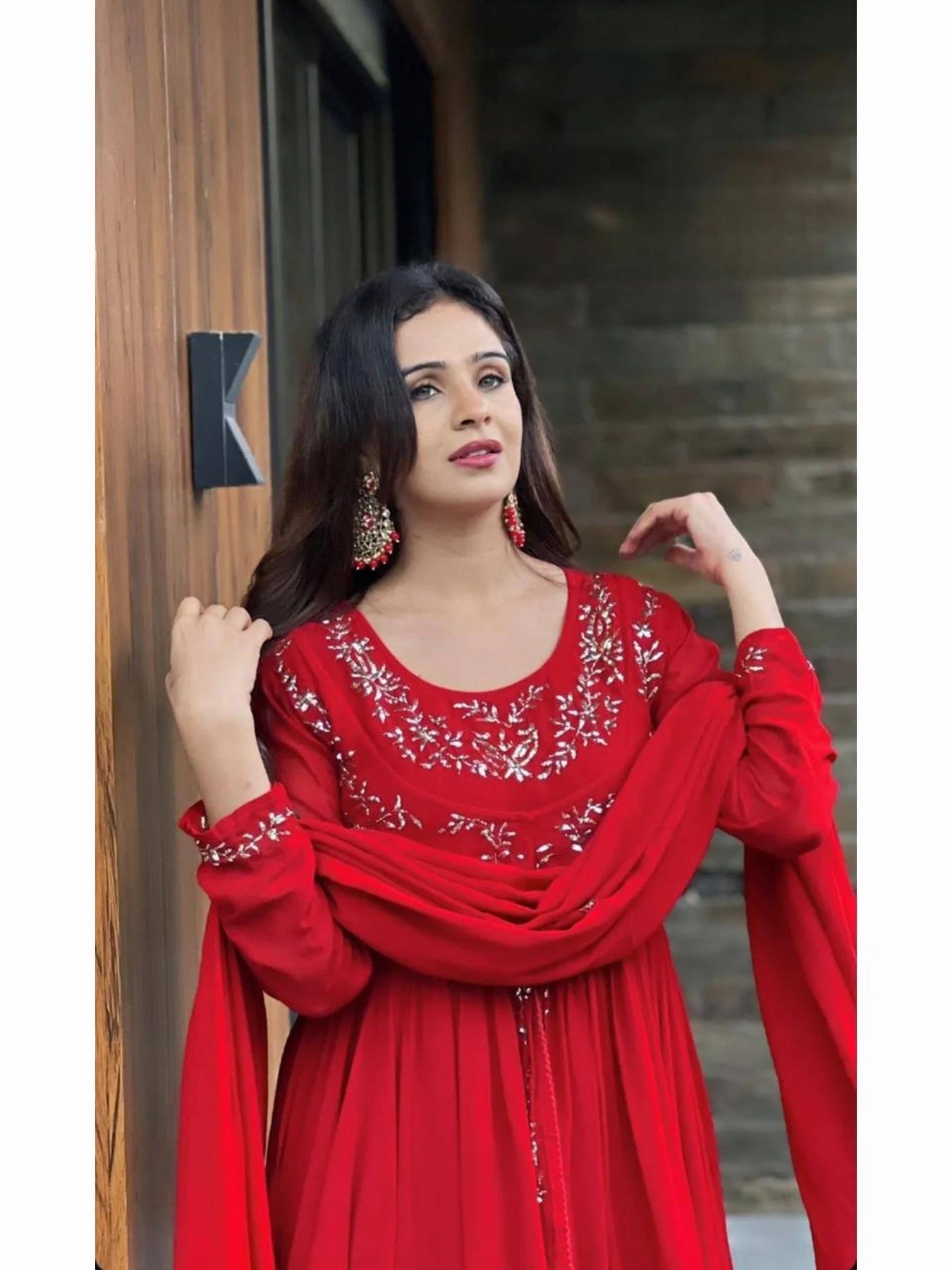Beautiful Designer Faux Georgette Red Sharara set with Embroidery work